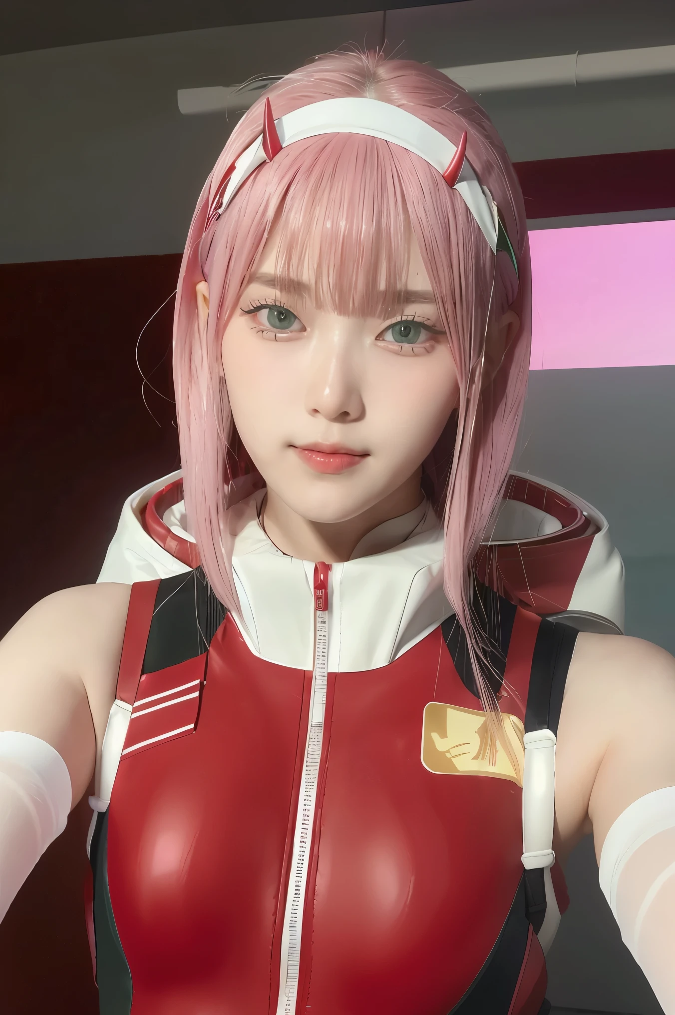 ((best quality)),((highly detailed)),masterpiece,absurdres,detailed face,beautiful face,((detailed eyes, deep eyes)),(1girl),((dynamic pose)), Zero_Two, green eyes, 1girl, solo, red bodysuit, long hair, pilot suit, pink hair, bodysuit, straight hair, hairband, standing, horns, breasts, bangs, closed mouth, looking at viewer, medium breasts, white hairband, skin tight, blunt bangs, makeup, eyeshadow, very long hair, sidelocks, expressionless, hair between eyes, red horns, shiny hair, towards viewer, smile,