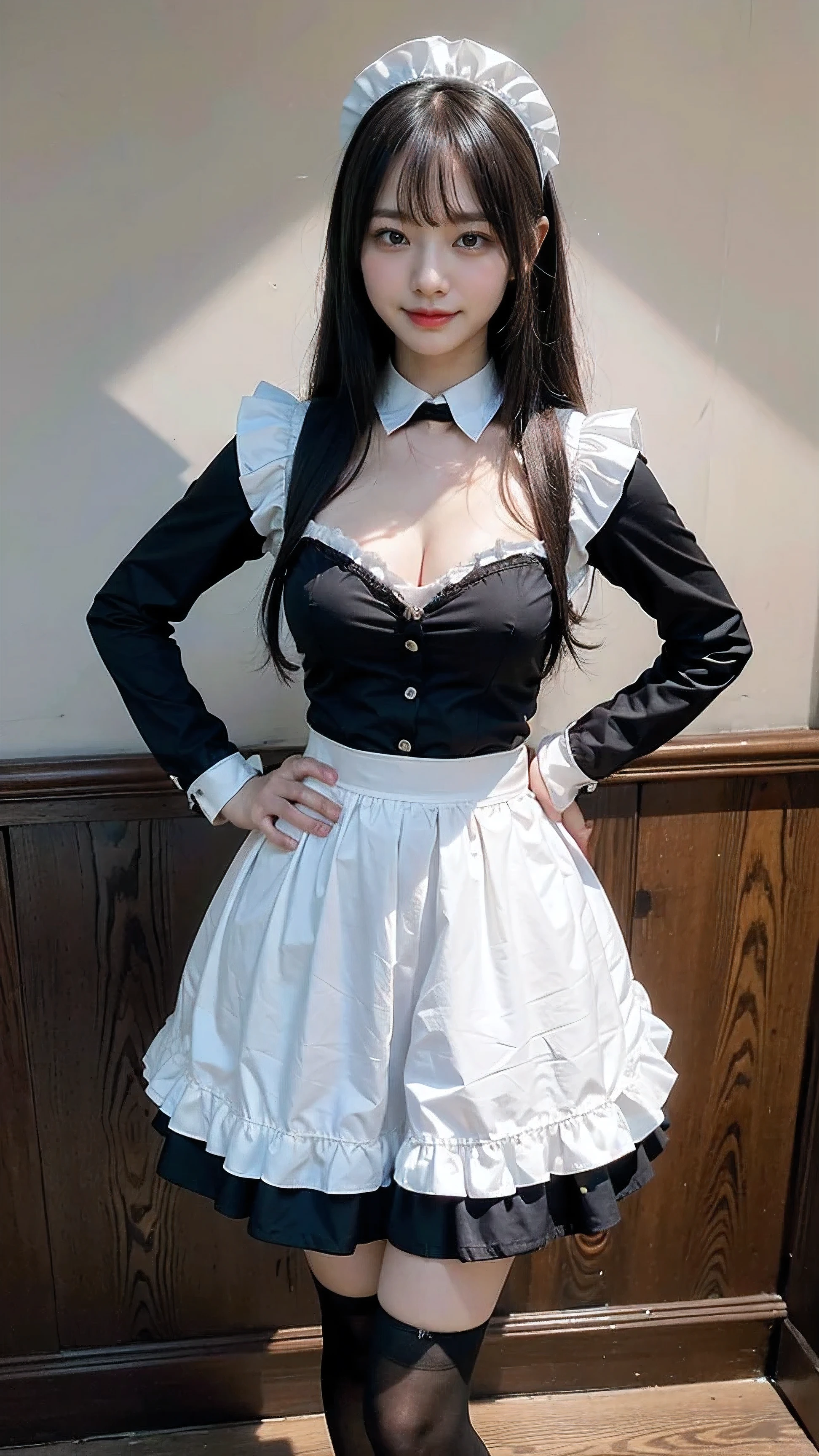 (8k、RAW Photos、Best Quality、masterpiece:1.2)、(Realistic、Realistic)、1 girl、((Maid Costume:1.2、Thin legs、whole body、View from the front、smile、Looking into the camera、Stand with hands on hips))、cute、((Accurate Fingers))、Wearing panties、Black garter belt and black stockings、Wearing lingerie