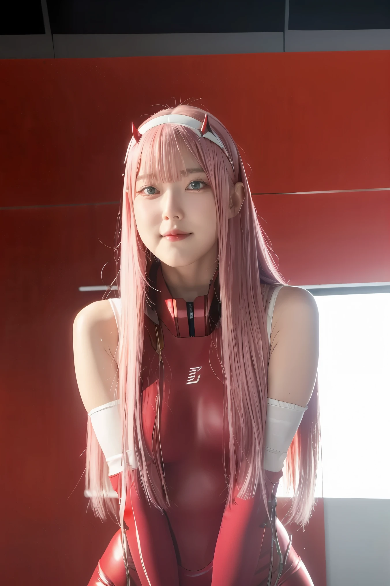 ((best quality)),((highly detailed)),masterpiece,absurdres,detailed face,beautiful face,((detailed eyes, deep eyes)),(1girl),((dynamic pose)), Zero_Two, green eyes, 1girl, solo, red bodysuit, long hair, pilot suit, pink hair, bodysuit, straight hair, hairband, standing, horns, breasts, bangs, closed mouth, looking at viewer, medium breasts, white hairband, skin tight, blunt bangs, makeup, eyeshadow, very long hair, sidelocks, expressionless, hair between eyes, red horns, shiny hair, towards viewer, smile,