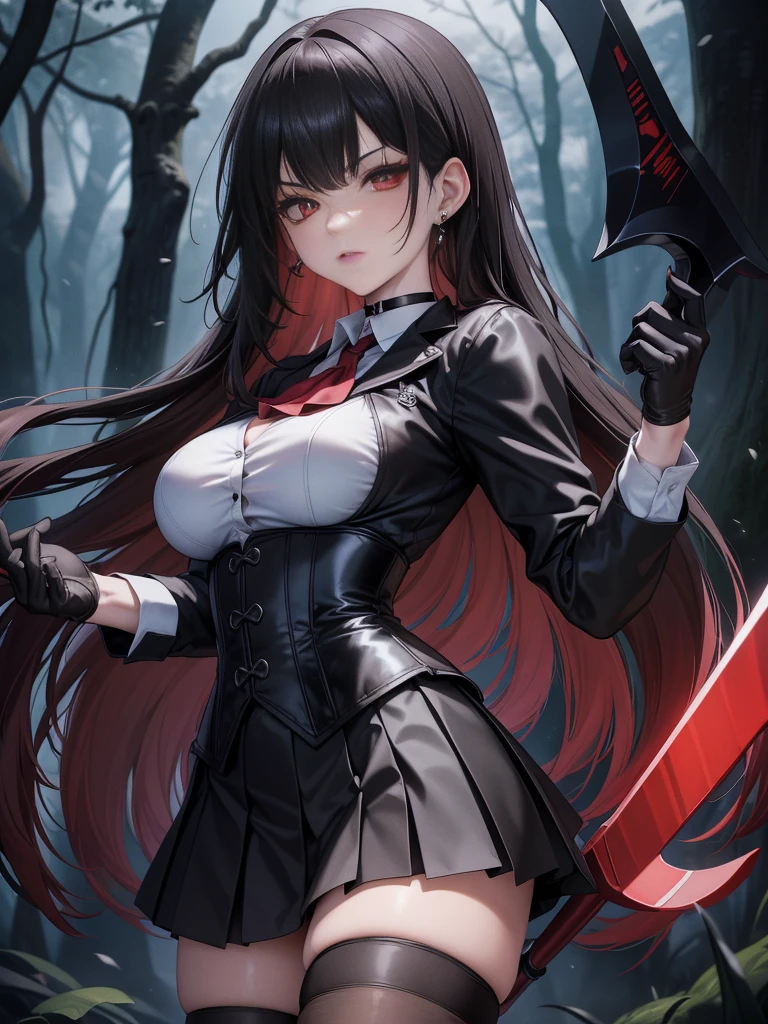 8K, highres, Ultra detailed, (Masterpiece:1.4), The best quality, symmetrical body, standing, pose sexy, front view, choker:1.6, holds an axe in his hand, (White collar button-down shirt with white long sleeves), Black gloves, gloves that cover the hands, (black leather corset),  (short black skirt:1.4), (brown stockings), Alone, Earrings, long hair, black hair, perfect eyes,  red eyes, Shine effect, detailed eyes, detailed face, looking at the viewer, path, dark forest, night, fog, angled view, big breasts, serious gaze