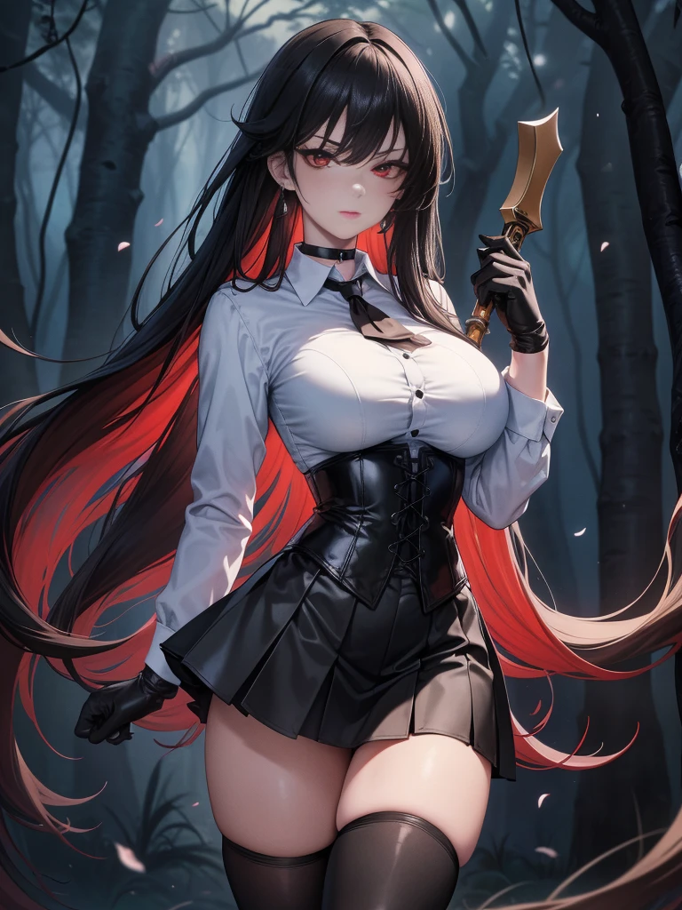 8K, highres, Ultra detailed, (Masterpiece:1.4), The best quality, symmetrical body, standing, pose sexy, front view, choker:1.6, holds an axe in his hand, (White collar button-down shirt with white long sleeves), Black gloves, gloves that cover the hands, (black leather corset),  (short black skirt:1.4), (brown stockings), Alone, Earrings, long hair, black hair, perfect eyes,  red eyes, Shine effect, detailed eyes, detailed face, looking at the viewer, path, dark forest, night, fog, angled view, big breasts, serious gaze