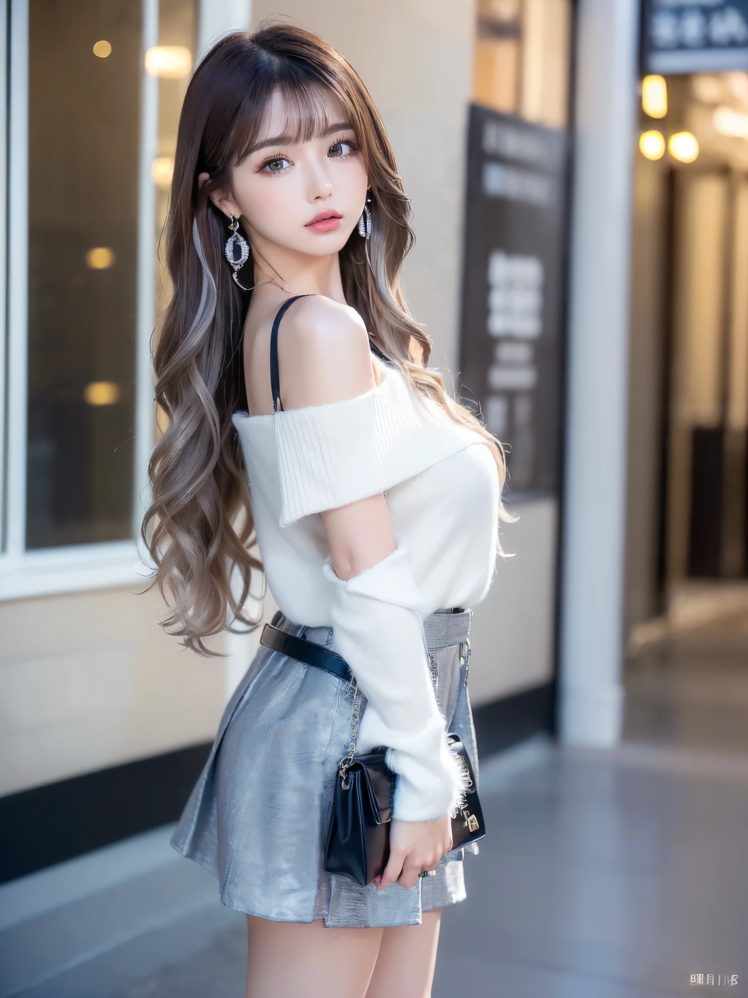 (UHigh resolution, retina, masterpiece, Anatomically correct, Textured skin, Super detailed, Attention to detail, high quality, 最high quality, High resolution, 1080P, High resolution, 4K, 8k, 16k), (美しいAttention to detail目, Beautiful lip detail, Detailed eyes and face), Soft lighting, Physically Based Rendering, Vibrant colors,((((最high quality,CG8k illustration, Graffiti art, Detailed depiction of light and dark, wall, Very detailedな顔と目,最high quality, One Girl, Glowing Skin, Earrings, wonderful, Whimsical details, Attractive,最high quality,Very detailed,High resolutionのbackground,8k, Clothing style: Feminine style for autumn、elegant,Types of tops: Off-the-shoulder sweater,Tops color: white,Design Features: Ruffled cuffs、Voluminous fur decoration on shoulders,Bottoms Type: black flared skirt、Knee-length,Skirt Design: Shiny fabric、With three-dimensional pattern,accessories: 大ぶりのEarrings、Silver Ring,Bag type: Cream colored shoulder bag、Simple design,Hairstyle: Long Hair、Loose curls,Hair Color: Dark Brown,Pose: Hands clasped in front、Elegant appearance,background: In front of a European-style stone building、Calm streetscape,Overall atmosphere: An elegant and stylish style for walking around town in autumn、Warm impression,Shallow depth of field, Contrasting, Professional Model, Look forward, Portraiture , Left eye detail,Right symmetric pupil,Hands behind back,Wavy Hair))), (Glowing Skin), (Wide angle),(Alone),  (Urzan-6500:0.33)