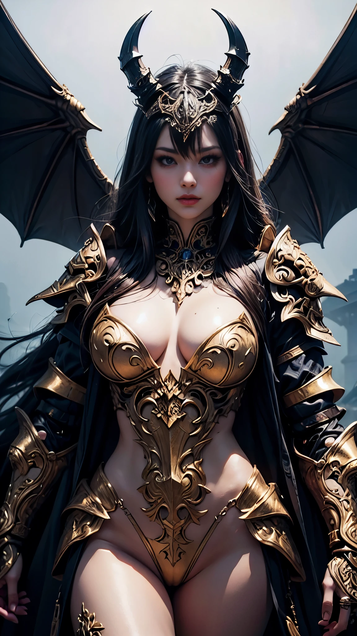 tmasterpiece，Highest image quality，Beautiful bust of the noble dragon girl，Exquisite blue-black hairstyle，Clear golden eyes，Decorated with a series of dragon horns，White studded leather jacket，huge dragon wings，bedazzled、Intricate jewelry，long  skirt，cave cave，blacksilk，blackstockings，blackstockings，Barefoot，Ultra-detailed details，advanced。At the Pixiv Art Station，Break your own power，Luigi，Big breasts exposing cleavage，R-18G