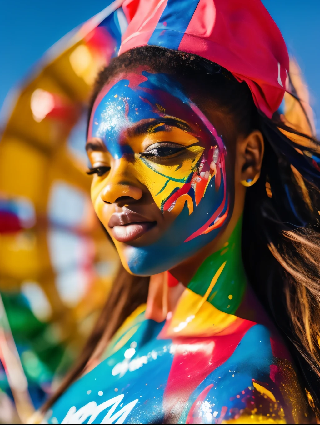 portrait of a beautiful woman, schoolgirl uniform, (body painted with colorful paint, carnival style), realistic self portrait, 8K UHD, dslr, grain of film, Fujifilm XT3 photorealistic painting midjourney art, bright outdoor sunshine, inspired by a Brazilian. Paint soaked