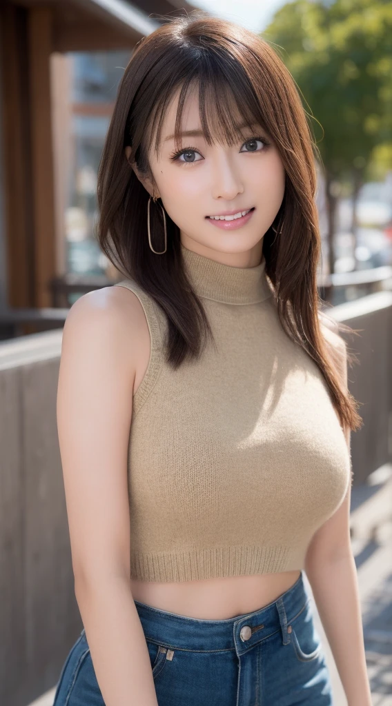 masutepiece, Best Quality, Photorealsitic, finely detail, hight resolution, 8K Wallpapers, Perfect dynamic composition, Beautiful detailed eyes, Medium Hair, large full breasts, Random and sexy poses,Bring your chest together、(Mock Neck Crop Tank Top Khaki Knitwear)、(Breast bulge 1.2)、A smile、open open mouth、Resort scenery、23years old、(Drooping eyes 1.4)、Adult beauty、japanes