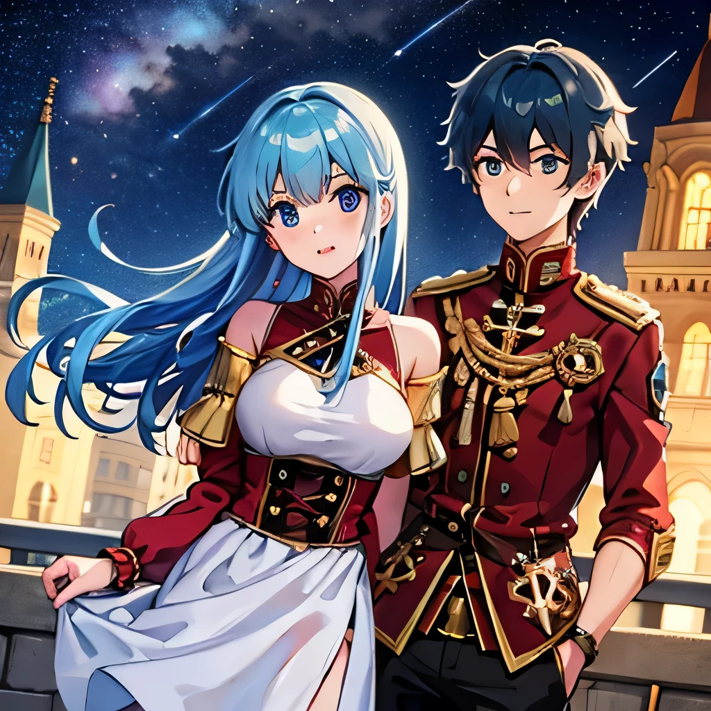A girl with blue eyes and light blue hair, red blouse with gold plates on her body, pink panties, a gold bracelet and white skirt affectionately leaning her head on the shoulder of a boy with short black hair on the lips, ojos marrones, lentes, red jacket with a night castle behind them and shooting stars in the sky