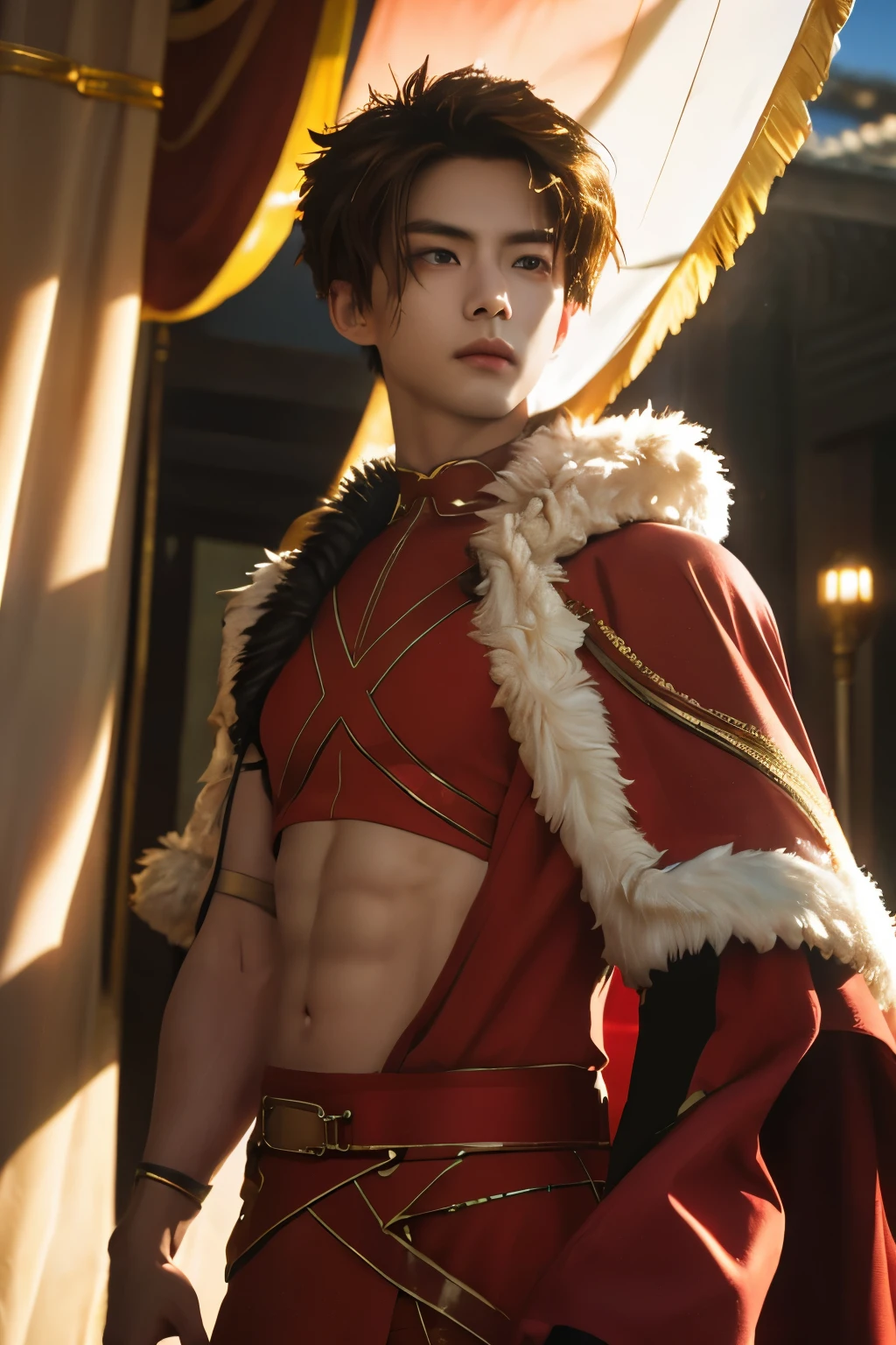 alexanderfgo, 1boy, masterpiece, realistic, absurdres, RAW photo, best quality, high resolution, chinese boy, male model, very very handsome, perfect face, cute face, intricate detail, clear and beautiful detailed eyes, fur-trimmed cape, crop top, young, muscular, slim muscular, handsome muscle, abs, detailed skin, male focus, fighting, Correct anatomy, looking at camera, battlefield, detailed highlights and shadows, Cinematic Lighting, soft light, full-body shot, front view, Professional photography, exquisite detailing, 8K UHD,