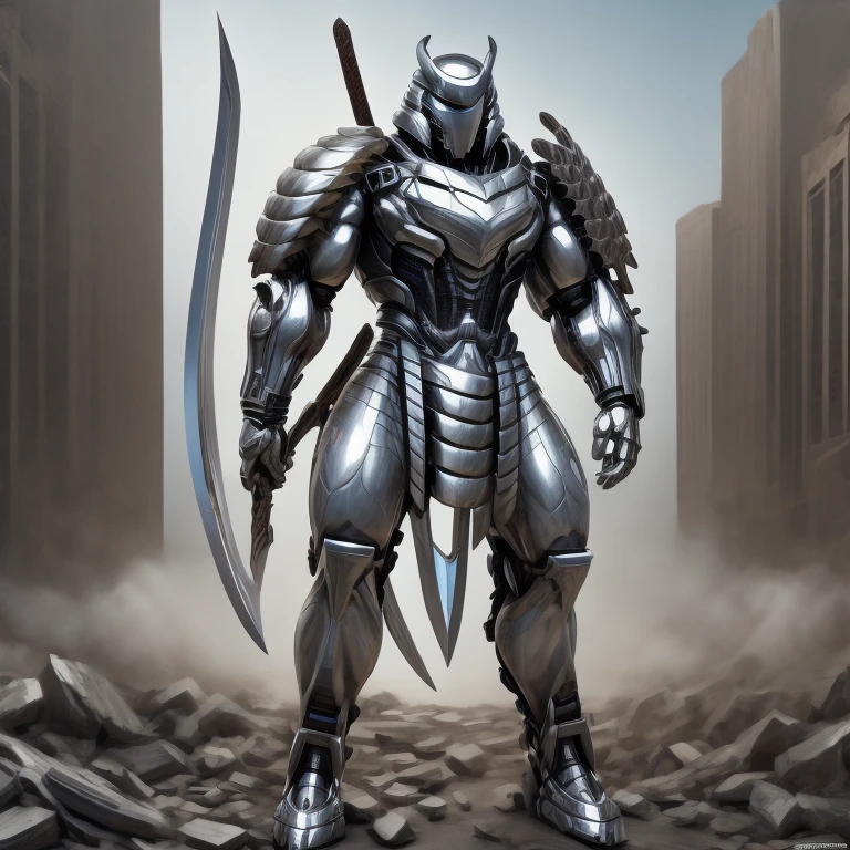 masterpiece, best quality, full body, 1boy, armor suit, upper body, looking at viewer, (Silver Samurai, full armor, cyborg, science fiction, combat helmet) full body, weapon, holding sword, sword, weapon, no humans, Realistic Macro Furries