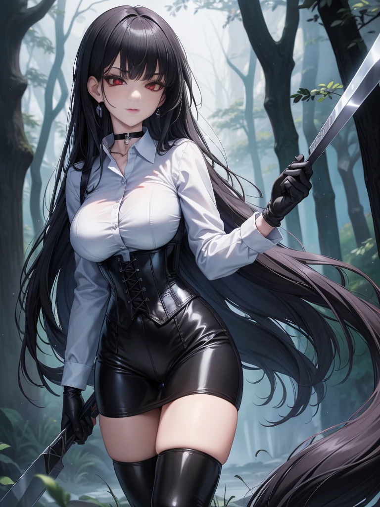 8K, highres, Ultra detailed, (Masterpiece:1.4), The best quality, symmetrical body, standing, pose sexy, front view, choker:1.6, holds an axe in his hand, (White collar button-down shirt with white long sleeves), Black gloves, gloves that cover the hands, (black leather corset), (Black shiny leggings), (black boots), Alone, Earrings, long hair, black hair, perfect eyes,  red eyes, Shine effect, detailed eyes, detailed face, looking at the viewer, path, dark forest, night, fog, angled view, big breasts, serious gaze