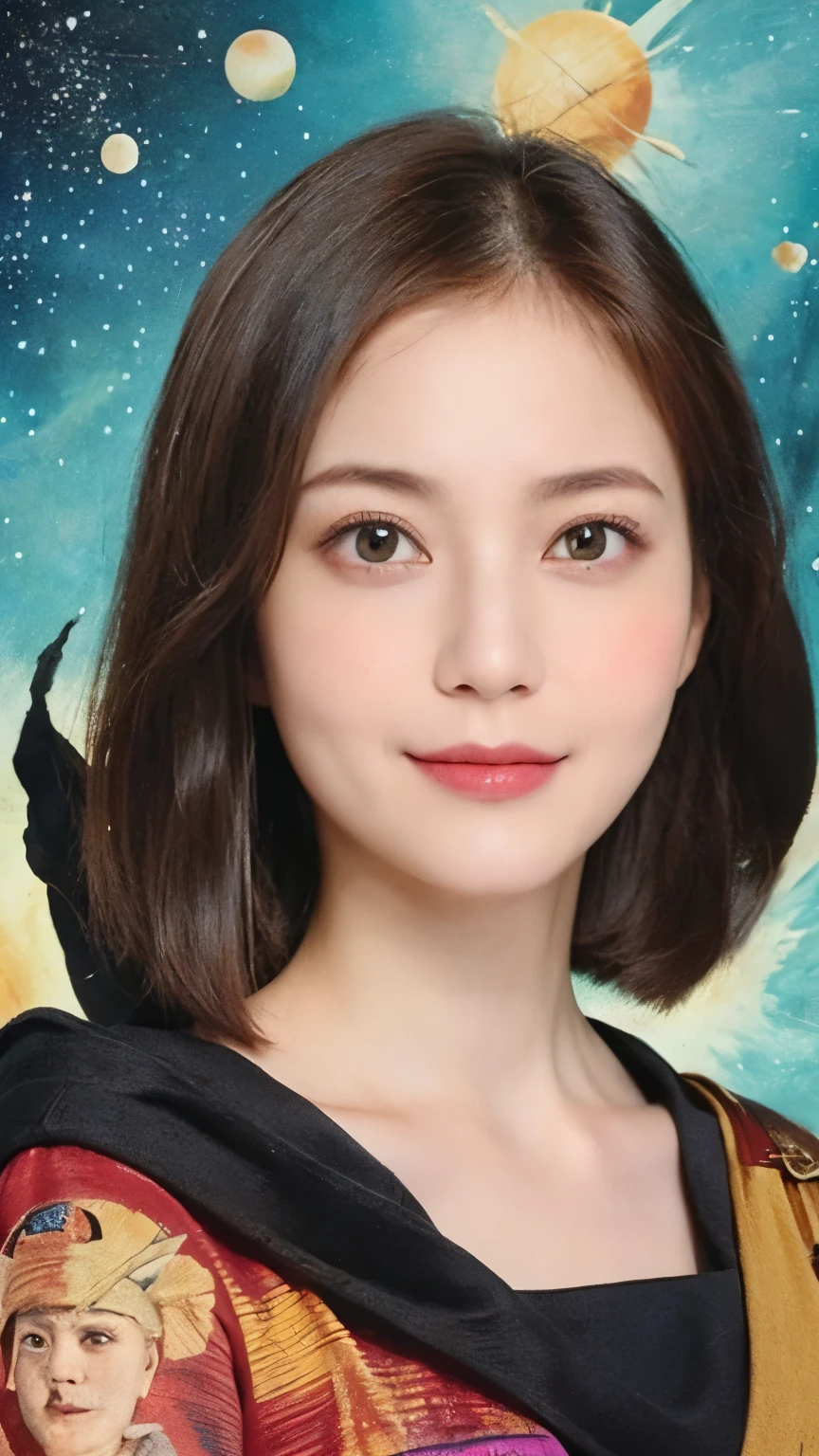 293 (20-year-old woman,short hair), (A kind smile), ((宇宙海賊captain,captain)), (colorful), (Leonardo da Vinci paintings), flower, Futuristic space pirate ship, nebula