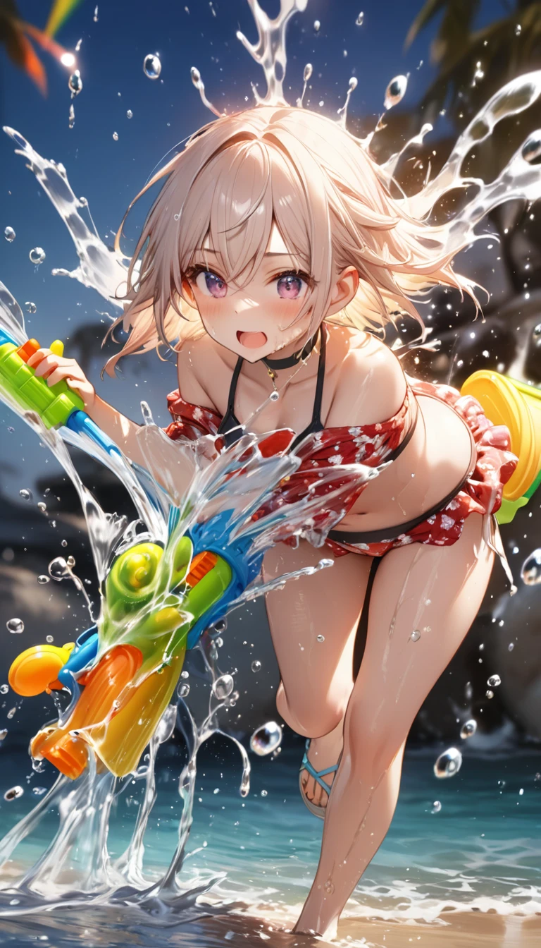 masterpiece, best quality, 8k, highres, ultra-detailed,HDR, UHD, studio lighting, ultra-fine painting, sharp focus, physically-based rendering, extreme detail description, professional, vivid colors, bokeh, portraits,BREAK,1girl,full body,off shoulder bikini, choker,((water gun, excessive splash)), ((excessive squirt:2.5)), creating splashes