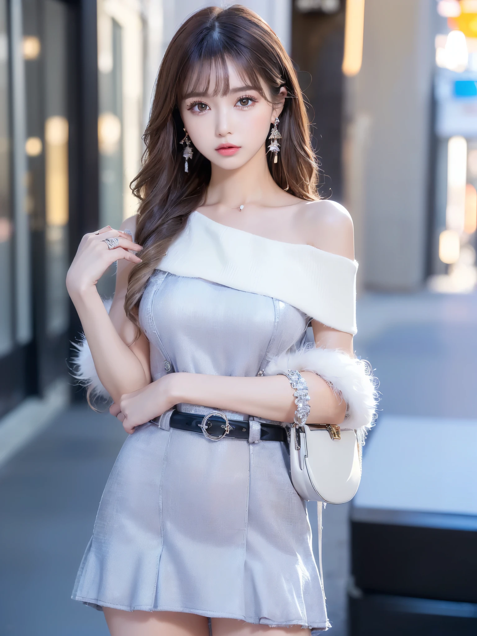 (UHigh resolution, retina, masterpiece, Anatomically correct, Textured skin, Super detailed, Attention to detail, high quality, 最high quality, High resolution, 1080P, High resolution, 4K, 8k, 16k), (美しいAttention to detail目, Beautiful lip detail, Detailed eyes and face), Soft lighting, Physically Based Rendering, Vibrant colors,((((最high quality,CG8k illustration, Graffiti art, Detailed depiction of light and dark, wall, Very detailedな顔と目,最high quality, One Girl, Glowing Skin, Earrings, wonderful, Whimsical details, Attractive,最high quality,Very detailed,High resolutionのbackground,8k, Clothing style: Feminine style for autumn、elegant,Types of tops: Off-the-shoulder sweater,Tops color: white,Design Features: Ruffled cuffs、Voluminous fur decoration on shoulders,Bottoms Type: black flared skirt、Knee-length,Skirt Design: Shiny fabric、With three-dimensional pattern,accessories: 大ぶりのEarrings、Silver Ring,Bag type: Cream colored shoulder bag、Simple design,Hairstyle: Long Hair、Loose curls,Hair Color: Dark Brown,Pose: Hands clasped in front、Elegant appearance,background: In front of a European-style stone building、Calm streetscape,Overall atmosphere: An elegant and stylish style for walking around town in autumn、Warm impression,Shallow depth of field, Contrasting, Professional Model, Look forward, Portraiture , Left eye detail,Right symmetric pupil,Hands behind back,Wavy Hair))), (Glowing Skin), (Wide angle),(Alone), (Urzan-6500:0.33)