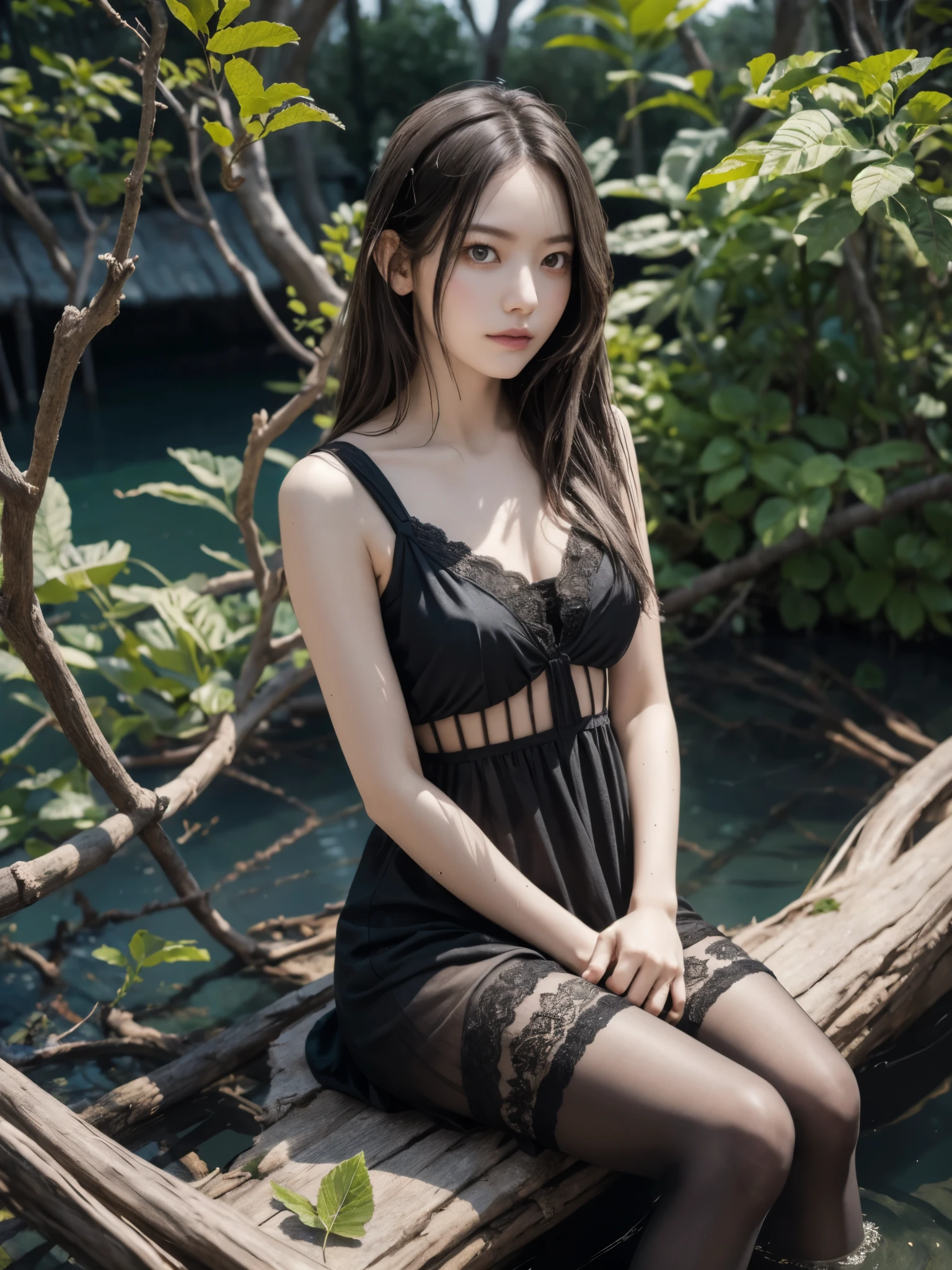 girl, sitting, on tree roots, intricate roots, detailed roots, on water, girl wearing black see-through lace dress, (10yo, cute), (breasts:1.2), see-through lace pantyhose, looking at viewer, long hair, dry messy hair, mint hair, chic hair, dark atmosphere, murky water, fantastic, plant, flora, best quality, high quality, highres, masterpiece,