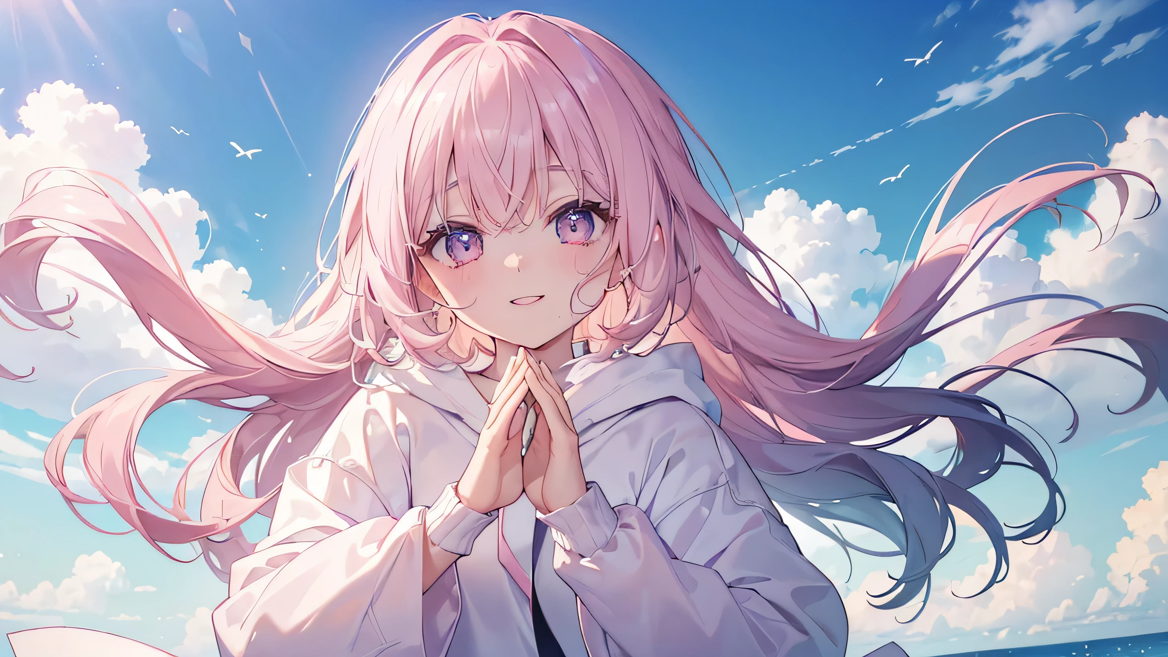 (((Highest quality、masterpiece、Ultra-fine、Ultra-fine、Exquisite、Oversized hoodie,16k,cute,With arms outstretched,The best smile,Delicate eyes,Delicate hands,Full HD,))), (With arms outstretched),((One person,cute,Long eyelashes、White skin、)), (Pale pink lips、Pale pink cheeks、Thin and long)、(One person) 、(A dream spreads across the clear blue sky, and a gentle light envelops my heart)