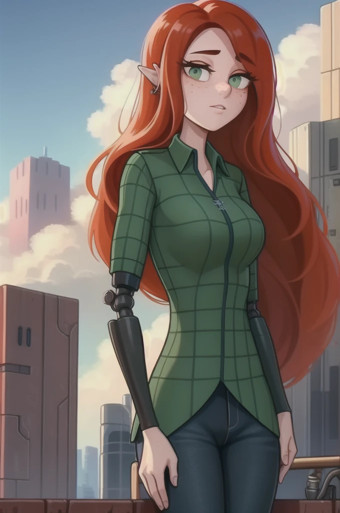 wendygf, 1girl, solo, long hair, shirt, jewelry, red hair, collared shirt, freckles,  green shirt,  thick eyelashes, long eyelashes, looking at viewer, mechanical spine, mechanical arms, outdoors, rooftop, sci-fi, science fiction, futuristic building, tower