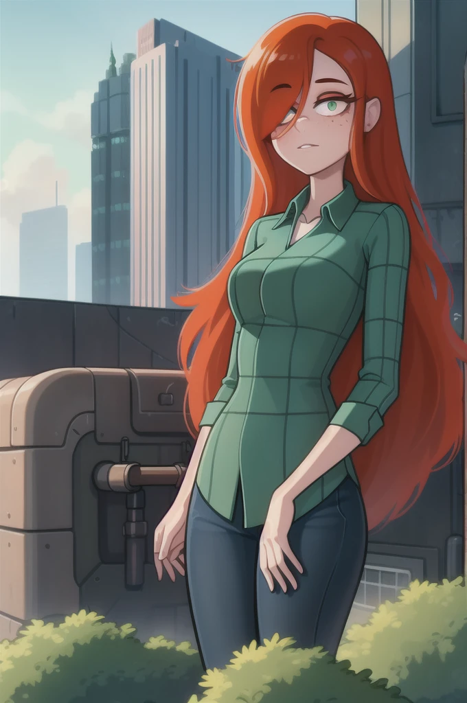 wendygf, 1girl, solo, long hair, shirt, jewelry, red hair, collared shirt, freckles,  green shirt,  thick eyelashes, long eyelashes, looking at viewer, mechanical spine, mechanical arms, outdoors, rooftop, sci-fi, science fiction, futuristic building, tower