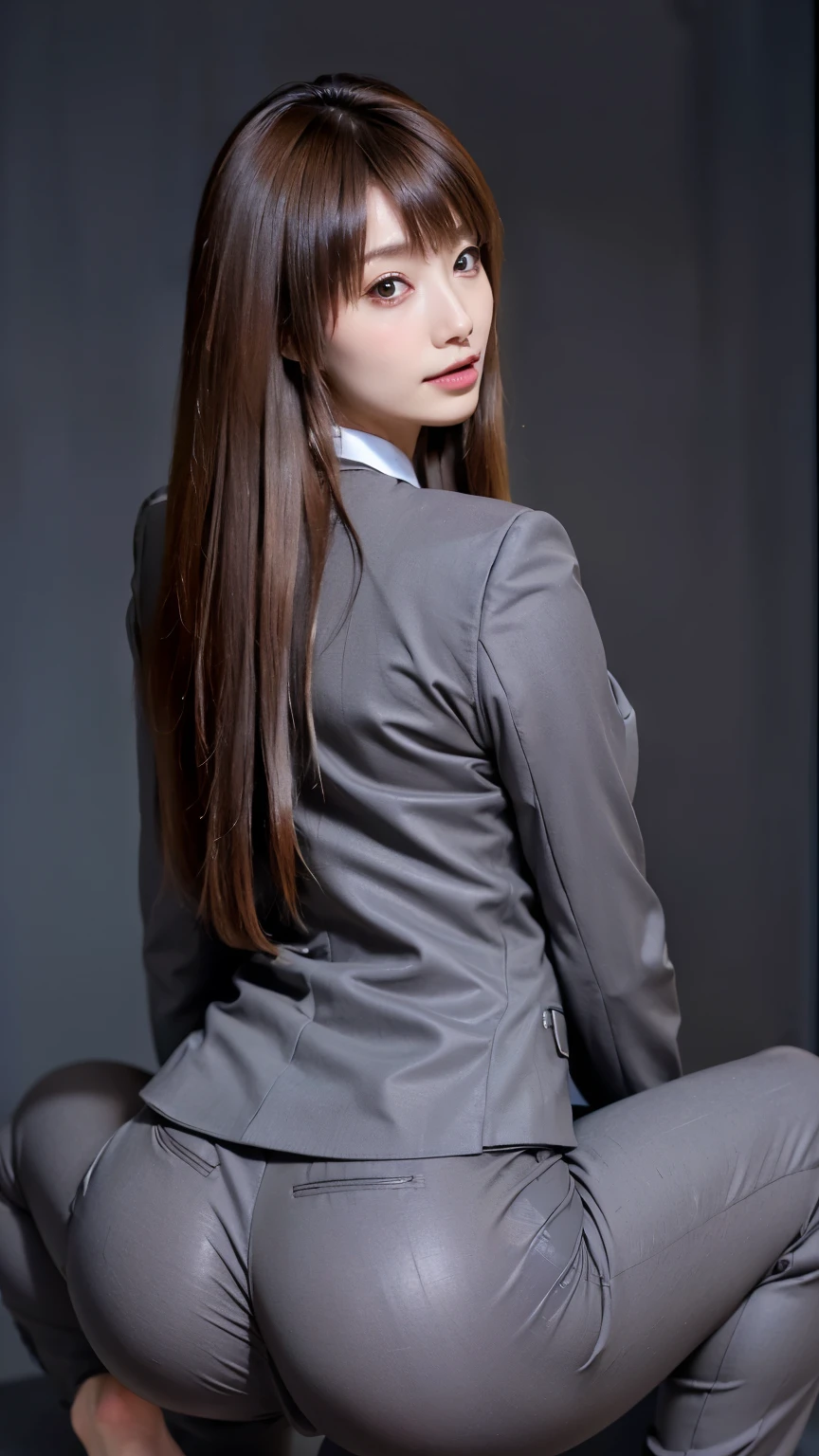 Best Quality, masterpiece, Ultra-high resolution, (Realistic:1.4), RAW Photos, Very detailed, Perfect Anatomy, One Woman, Age 25, ((Wearing dark grey business suit pants with buttocks facing up:1.4)), Shut your mouth., Show me your ass, ((Very beautiful brown hair, Long Hair)), (bangs),Very beautiful slender body, Very beautiful breasts, (Very beautiful ass in business suit pants), Very beautiful slim thighs, Very beautiful realistic skins,  (Beautiful big ass), Beautiful thighs, ((Squatting with legs apart)), ((The upper half of the body is in a business suit and the lower half is naked:1.4)), (barefoot)