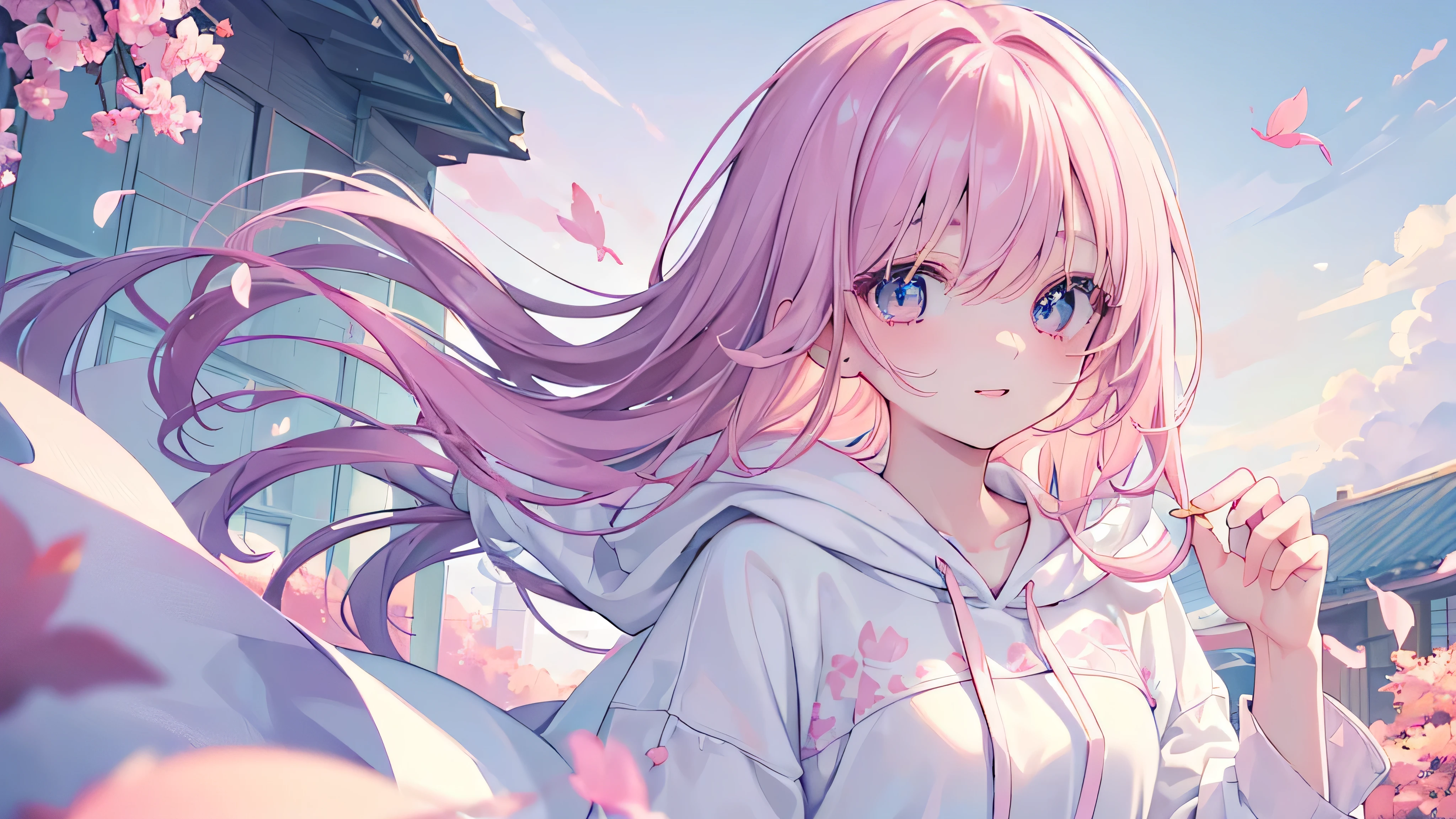 (((Highest quality、masterpiece、Ultra-fine、Ultra-fine、Exquisite、Oversized hoodie,16k,cute,Delicate eyes,Delicate hands,Full HD,))), (Top view,Oversized hoodie,The best smile,),((One person,cute,Long eyelashes、White skin、)), (Pale pink lips、Pale pink cheeks、Thin and long)、(One person) 、(The autumn wind passes by my cheeks, colorful clouds dance, a picture of the season is quietly painted.)