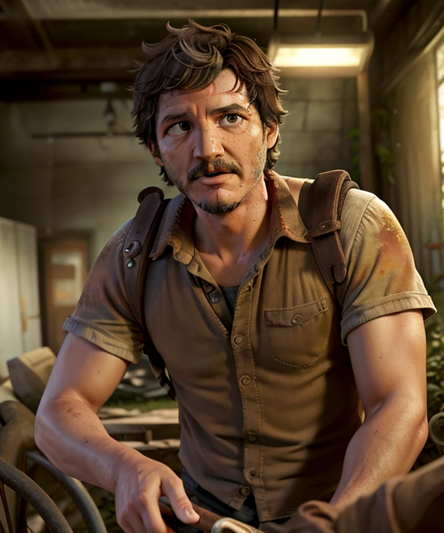 1boy,man (pedro pascal:1.10),playing Joel Miller,The Last of Us,(brown eyes:1.35),(masterpiece:1.10),(best quality:1.10),action shot,cinematic lighting,abandoned overgrown background,absurdres