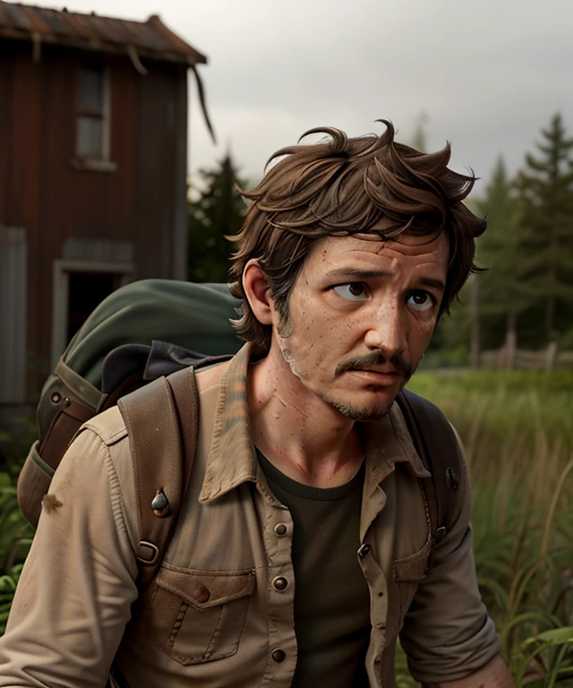 1boy,man (pedro pascal:1.10),playing Joel Miller,The Last of Us,(brown eyes:1.35),(masterpiece:1.10),(best quality:1.10),action shot,cinematic lighting,abandoned overgrown background,absurdres