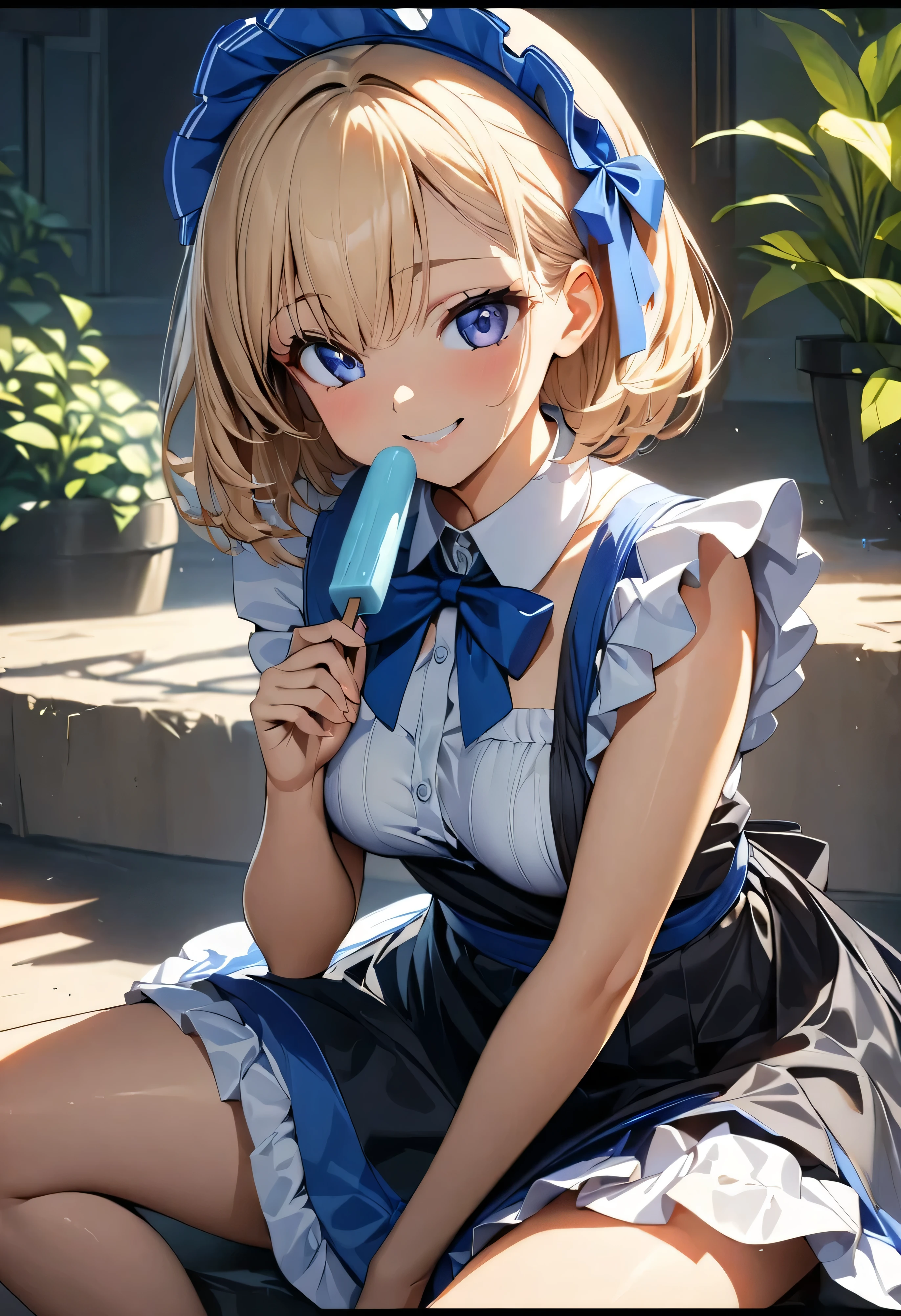 (highest quality:1.2, 4K, 8k, Studio Anime, Very detailed, up to date, Vibrant, High detail, High Contrast, masterpiece:1.2, highest quality, Best aesthetics), (((1 girl))), Sitting, Maid, Maid服, Blue Ribbon, Frills, Lick:1.2, smile, Popsicles, 舌を出してLick, Cute Girls, Get closer, Friendly atmosphere, Fun and young々Shii々Cool vibe, Precision and focus, Striking contrast,
