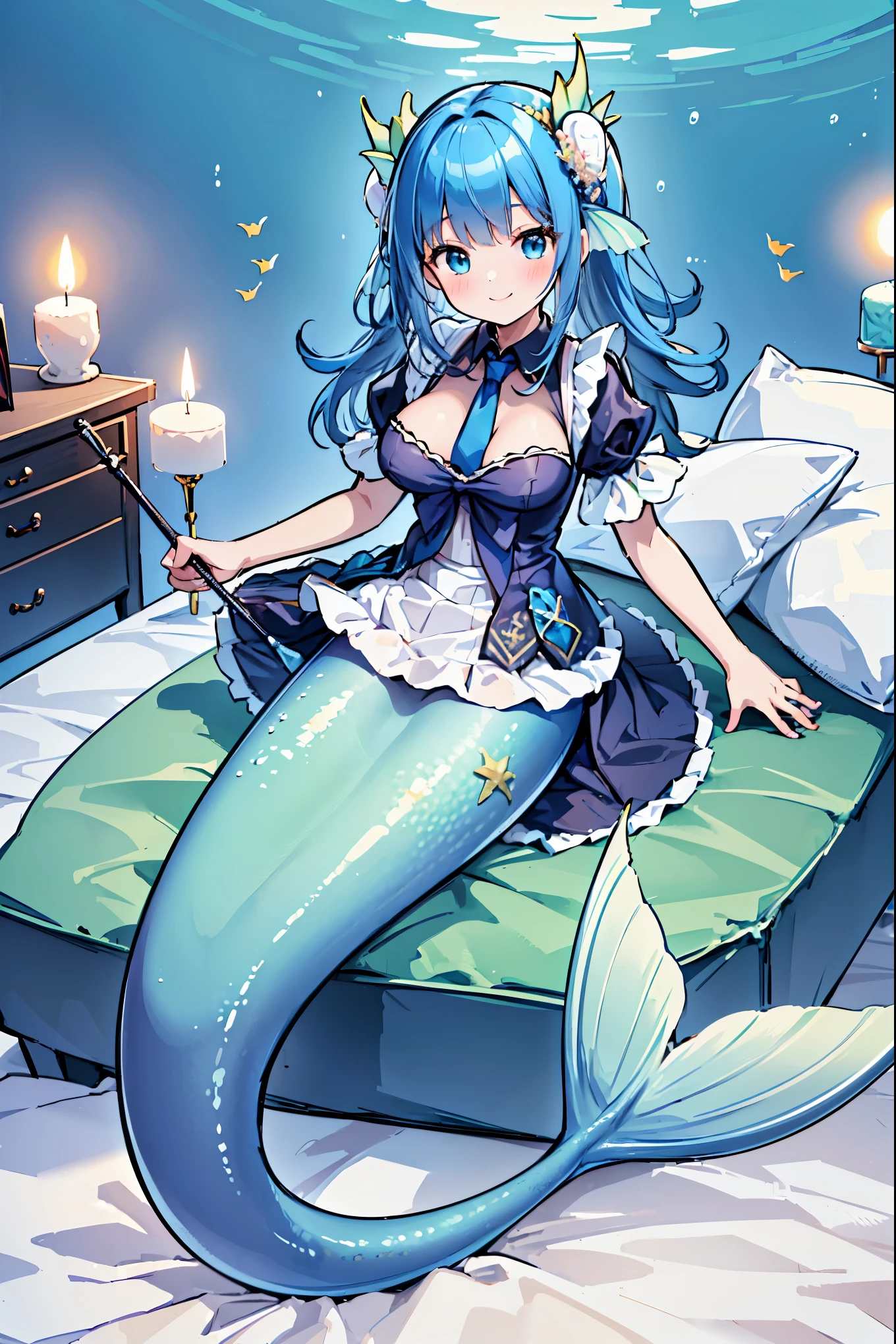 (masterpiece,Best quality),(Full fingers),A woman,Mermaid,Maid,Maid装,White skirt,Large Breasts,藍色的Mermaid尾巴,Full body photo,(Underwater:1.2),charming脸(Kawaii, charming,Soft),Smile