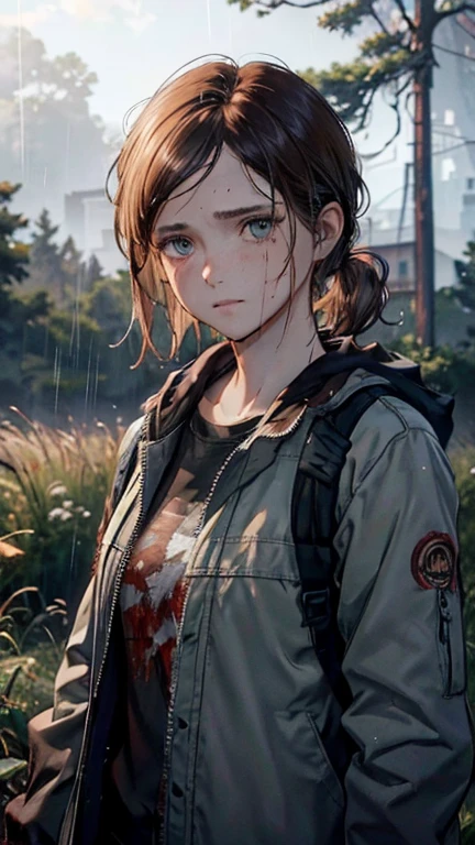 (masterpiece, best quality) tall woman, solo, medium short hair, messy hair, straight hair, brown hair, brown eyes, Ellie Williams, blood on clothes, standing, (Dirty gray coat, black torn pants), dirty backpack on the back, sad look, red cheeks, looking at viewer, 16k, camera on face, sharp focus, dramatic lighting, drop shadow, anime style, shine, digital illustration, anatomically correct, Pov, in the center of the image, wallpaper, HDR, Ray Traced Image, beautiful detailed face, beautiful detailed eyes, High Detail Skin, Visible Pores, sharp focus, Dense forest, tall grass, moss, cloudy, raining, focus on face, heavy rain, crying, blood on face