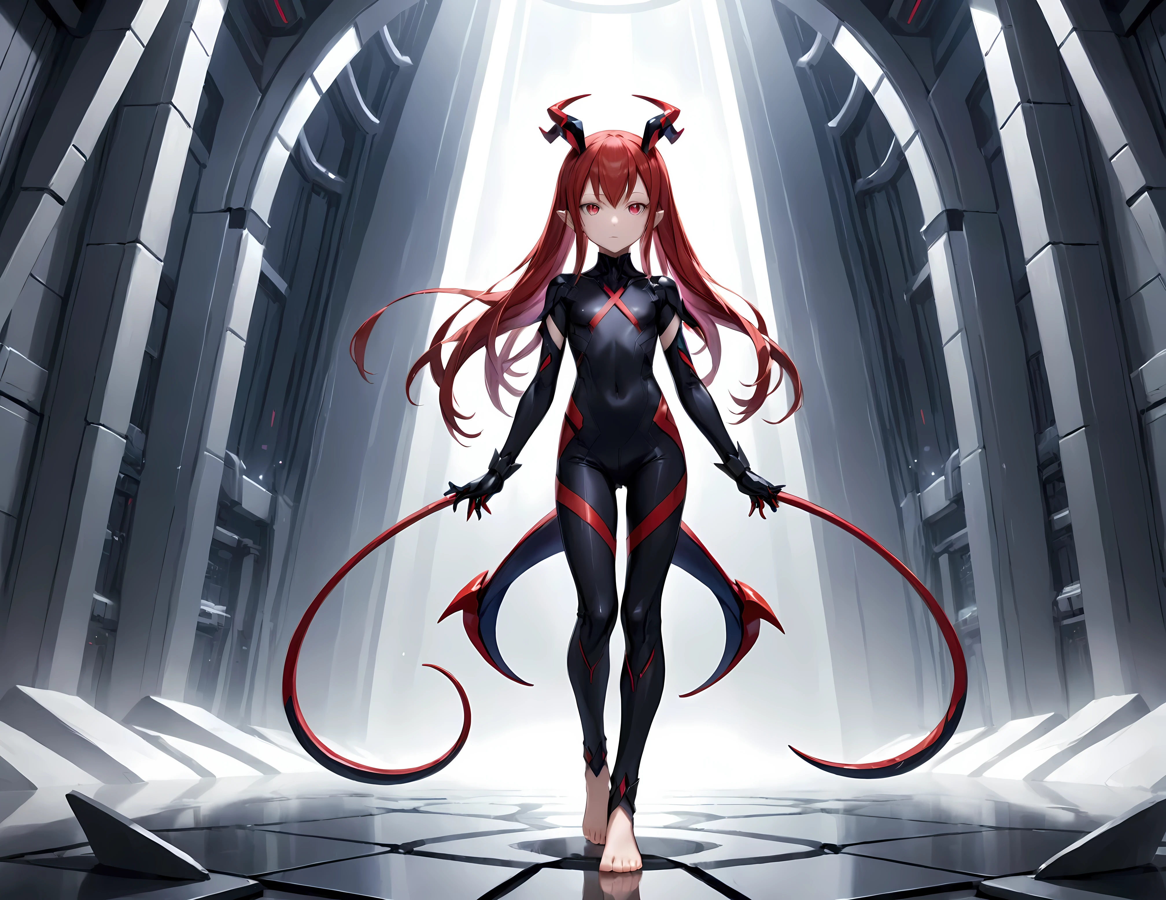 girl, Red hair, twin tails, glowing red eyes, slender frame, demon, furry tail, digitigrade legs, on kneeposed rib cage), (protruding hip bones), anus,