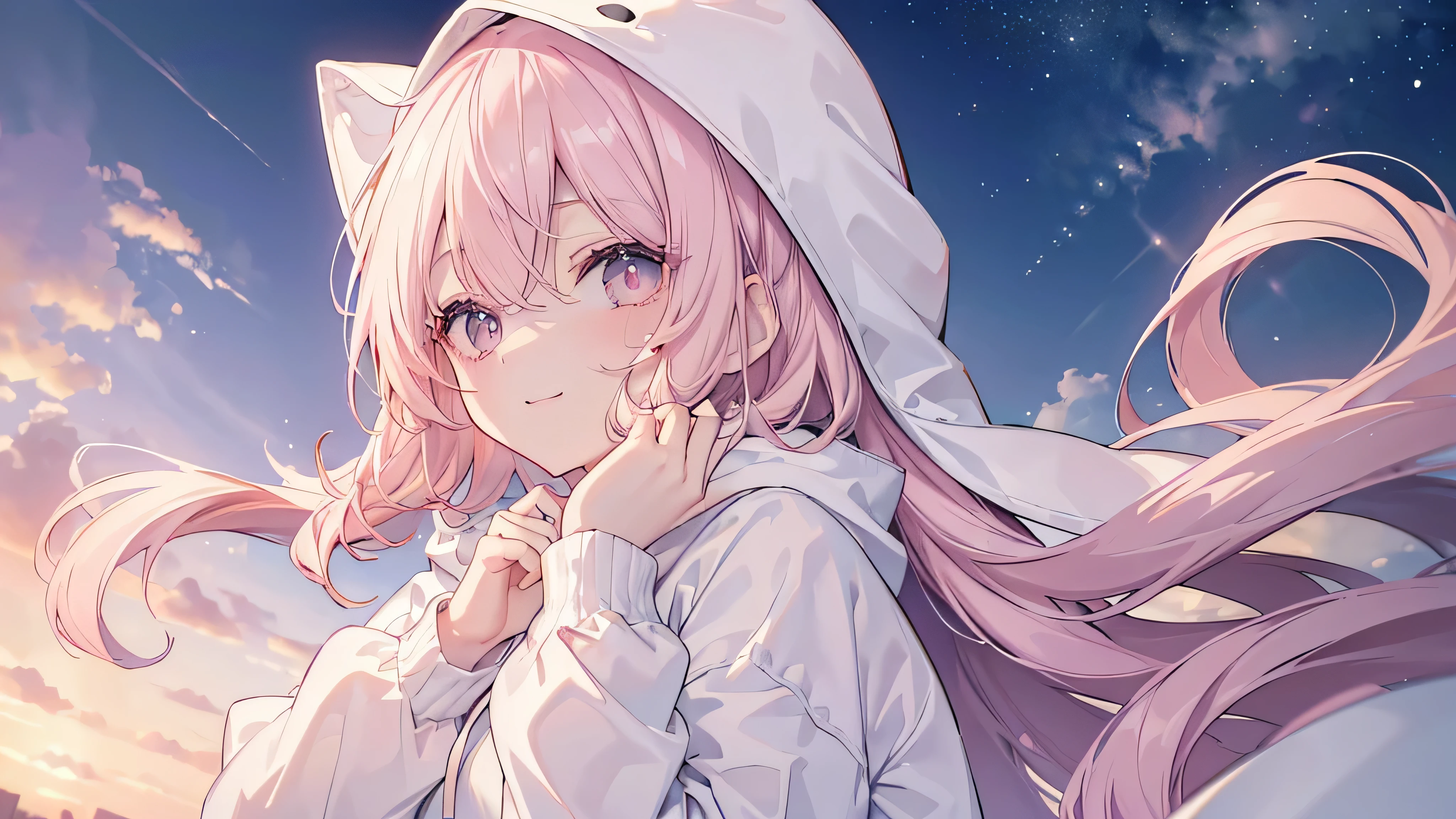 (((Highest quality、masterpiece、Ultra-fine、Ultra-fine、Exquisite、Oversized hoodie,16k,cute,Delicate eyes,Delicate hands,Full HD,))), (Look up,Side angle,Oversized hoodie,The best smile,),((One person,cute,Long eyelashes、White skin、)), (Pale pink lips、Pale pink cheeks、Thin and long)、(One person) 、(The white and ash clouds change shape and turn orange at dusk.)