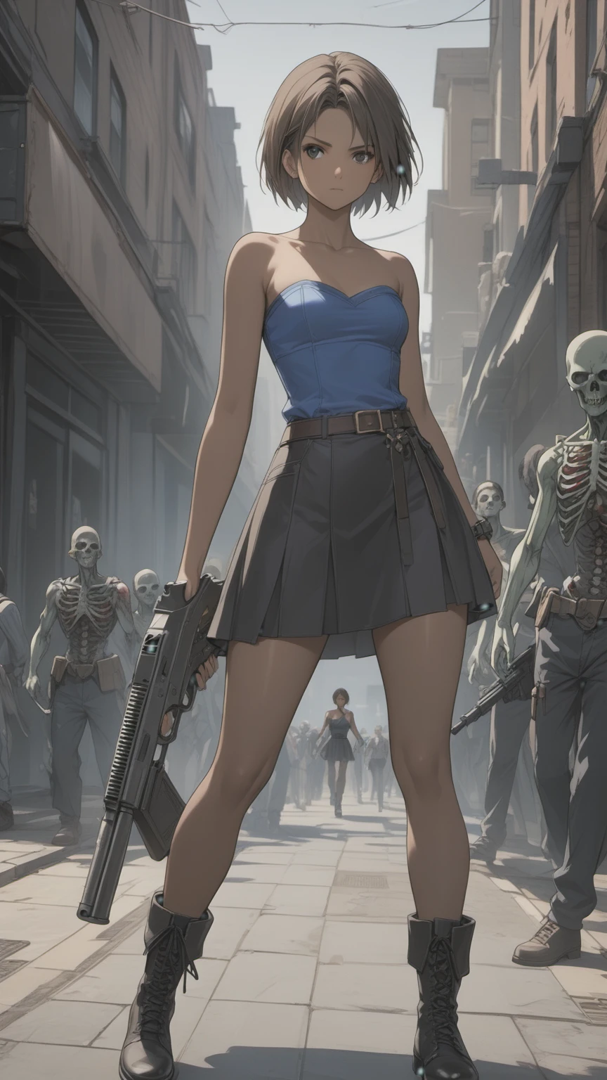 (((Adult woman)): (small black skirt, strapless blue top, Black eyes, showing the whole body, brown skin color, ((Black short hair)), High heel Beige boots. Closed mouth)); full body shot, Runing in street, apocalipse background. High quality. 4k, 8k, many details. Masterpiece, accurate, anatomically correct, posing, detailed background, better quality, original work Focus on details, Jill Valentine, zombies around, Front view, nightmare, gun, Nemesis at side