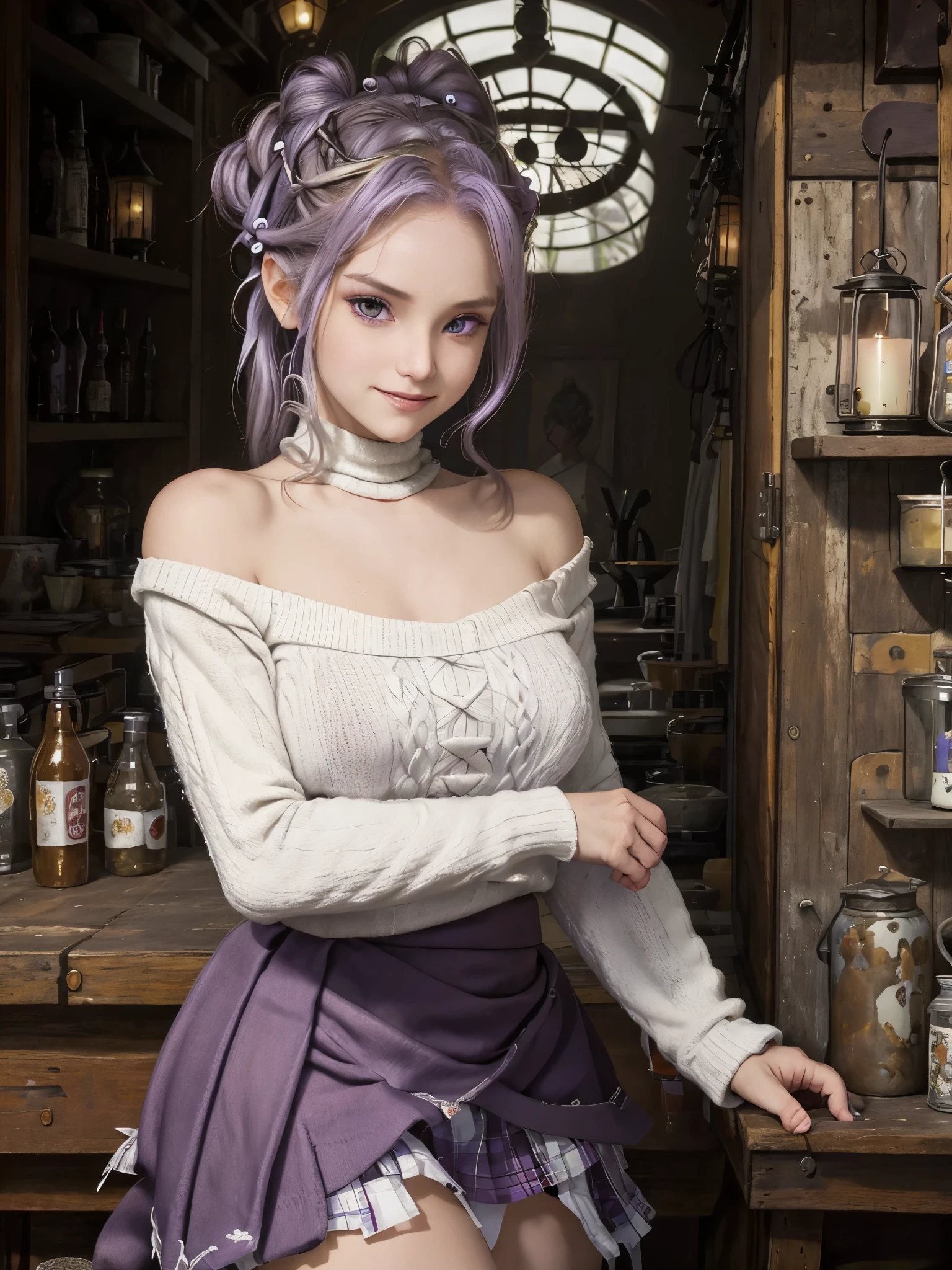 (Realistic painting style:0.9), masterpiece, best quality,  absurdres, looking at viewer, solo, keqing (lantern rite) (genshin impact), keqing (genshin impact), hair bun, skirt, scarf, purple sweater, white skirt, purple hair, sweater, twintails, purple eyes, diamond-shaped pupils, hair ornament, bare shoulders, smile, breasts, cone hair bun, long hair, belt, double bun, long sleeves, bangs, bow, hair flower, hair bow,ribbon, hair ribbon, braid, plaid scarf, plaid, off shoulder