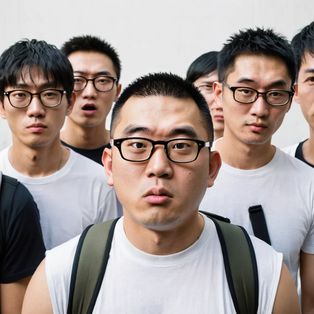 Photo-real, high quality, a lot of very ugly Japanese male, incel, gathering as a herd of disgusting ugly Japanese men in their 10-40s, dozens of men, all looking at this way, glasses, bland expression, nerdy, perverted, very stupid and idot, coward, weak, anemic, narrow minded and bigot, small slit eyes, small teeth, gross childish face, childish mouth, bulged fishy mouth, very short forelock, short hair, childish hair style, very hairy eye brow, acnes, filthy, all wearing a white T-shirt, all wearing a shoulder bag or a backpack crossing his body, backpacks, shoulder bags, some are very fat or skinny