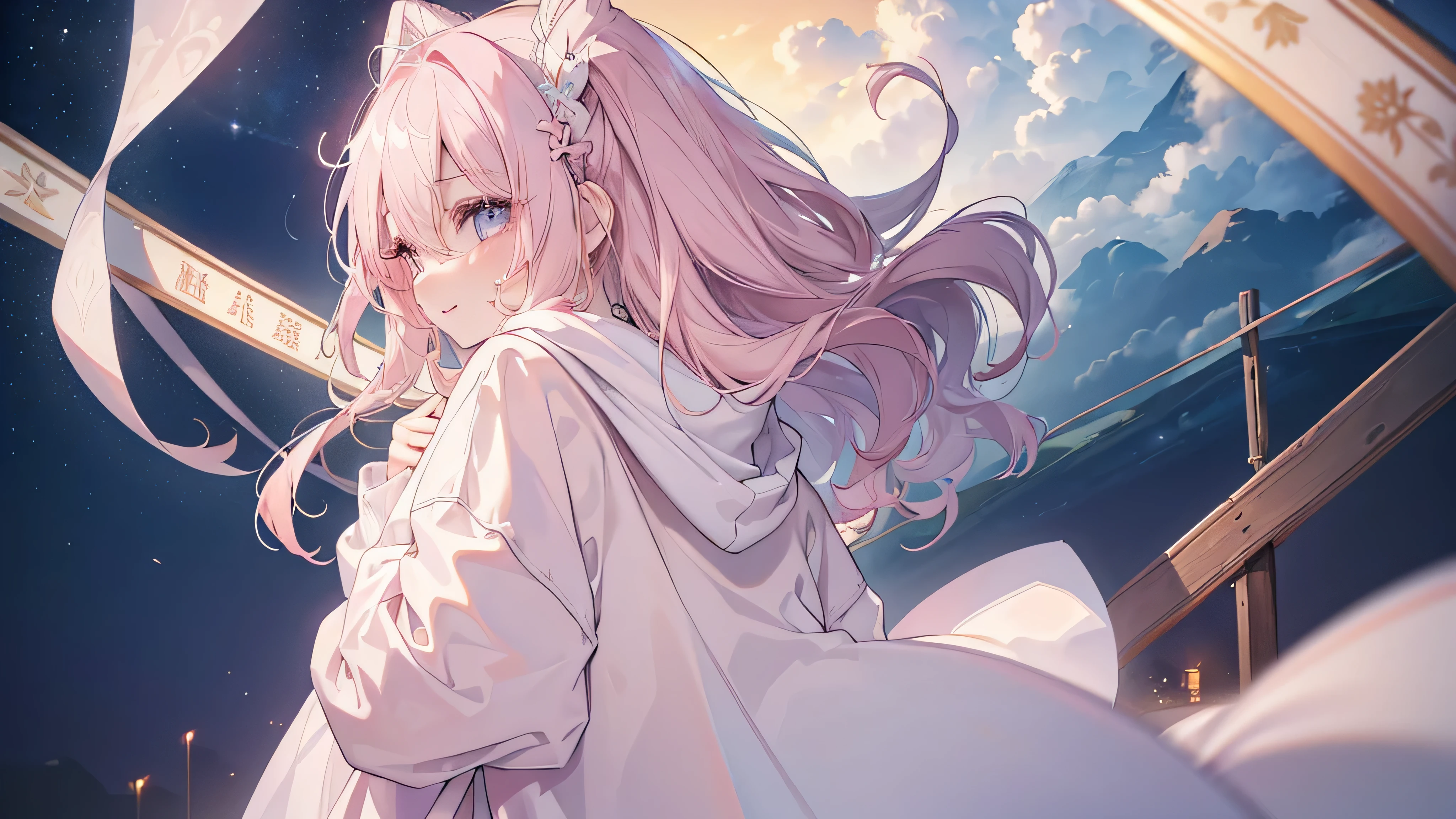 (((Highest quality、masterpiece、Ultra-fine、Ultra-fine、Exquisite、Oversized hoodie,16k,cute,Delicate eyes,Delicate hands,Full HD,))), (Look up,profile,Oversized hoodie,The best smile,),((One person,cute,Long eyelashes、White skin、)), (Pale pink lips、Pale pink cheeks、Thin and long)、(One person) 、(The white and ash clouds change shape and turn orange at dusk.)