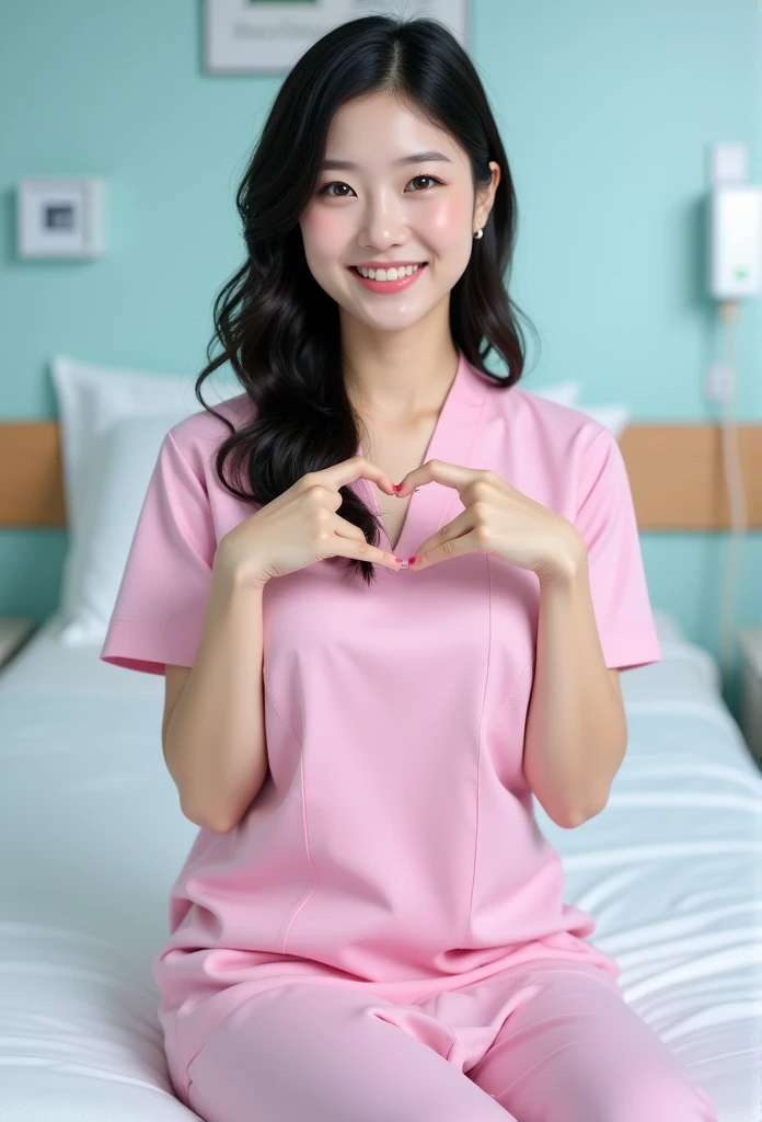 photorealistic, photograph, full body shot, sitting on edge of hospital bed, smiling beautiful Japanese female nurse wearing pink nurse dress making cheek_heart, slim hourglass figure, narrow waist, medium breasts, beautiful detailed face, black hair, pale skin, fair skin, realistic skin, detailed cloth texture, detailed hair texture, Perfect proportion, Anatomically correct, Highly detailed face and skin texture, private modern hospital room, looking at viewer, asian face , perfect anatomy, realistic