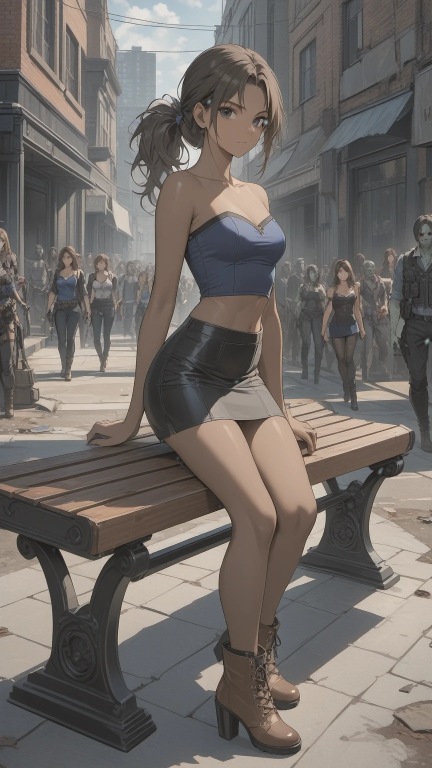 (((Adult woman)): (small black mini skirt, strapless blue top, white panties, Black eyes, showing the whole body, brown skin color, ((Black wavyhair)), High heel Brown boots. Closed mouth )); full body shot, sitting on a bench, apocalipse city background. High quality. 4k, 8k, many details. Masterpiece, accurate, anatomically correct, posing, detailed background, better quality, original work Focus on details, Jill Valentine, zombies around, Front view