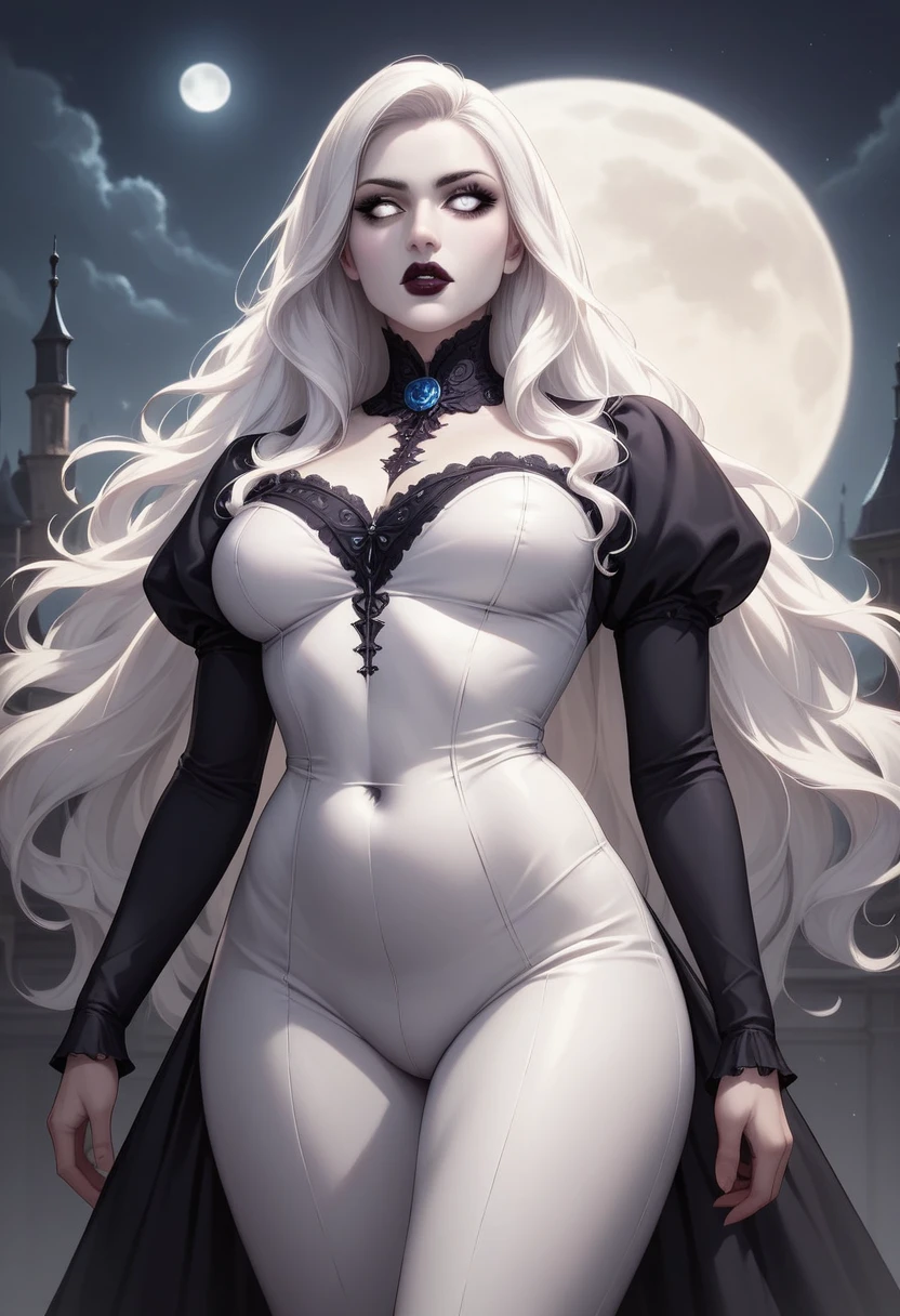 masterpiece of the highest quality, (Solo Focus), (Perfect Face:1.1), (high detail:1.1),dramatic, 1 person, (Pale skin), Long white hair, White Eyes, Alone, Long Hair, moon, night, White Luxury Suit, vampire, Covered navel, Plump lips, Covered, Victorian city, Detailed Background, Gothic Renaissance, Cinematic Lighting,