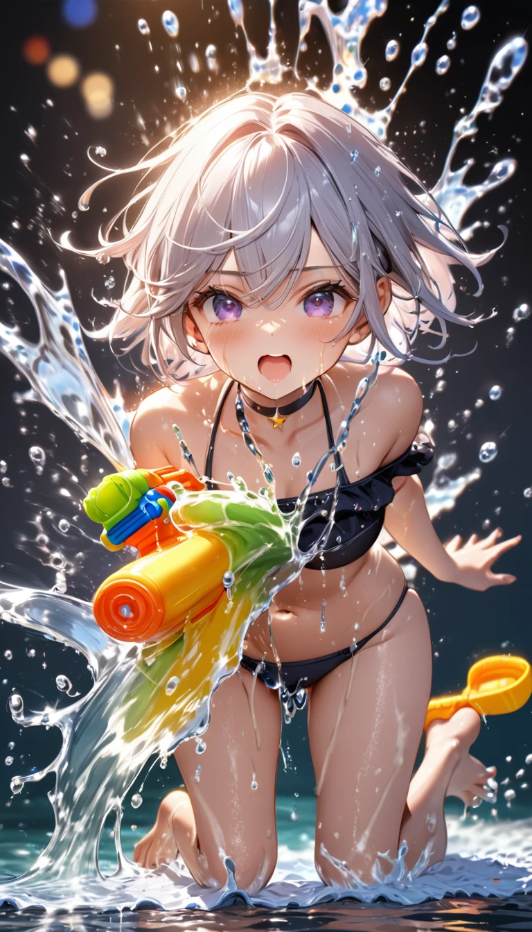 masterpiece, best quality, 8k, highres, ultra-detailed,HDR, UHD, studio lighting, ultra-fine painting, sharp focus, physically-based rendering, extreme detail description, professional, vivid colors, bokeh, portraits,BREAK,1girl,full body,off shoulder bikini, choker,((water gun, excessive splash)), ((excessive squirt:2.5)), creating splashes