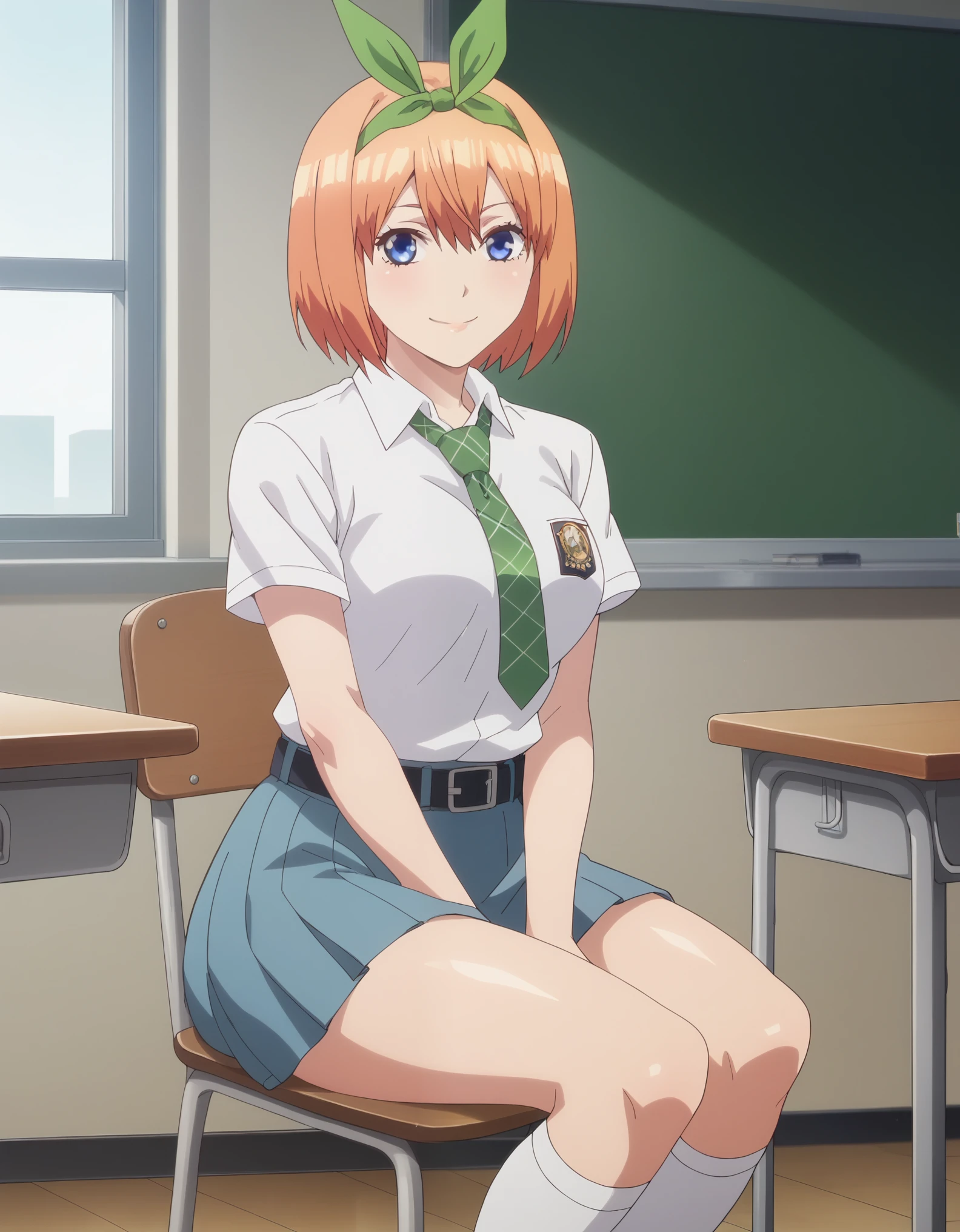 score_9, score_8_up, score_7_up, solo,1girl,yotsuba nakano, bangs, short hair, blue eyes, hair between eyes, hair ribbon, hairband, orange hair, green ribbon, medium breasts, tucked in sma shirt, sma necktie, sma belt, sma skirt, sma shirt, sma skirt, inside classroom, windows, chair, tables thighs, looking at viewer, smile, sunligth, sit on chair, socks, hands between thighs, anime screencrap, dutch shot