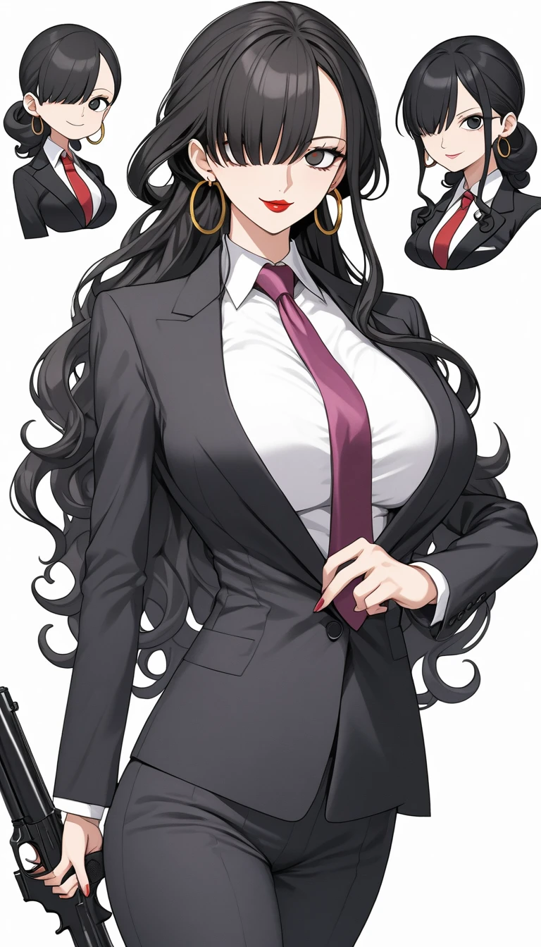 (character portrait), (((one piece))), business pants suit, (black office suits), pants suit, white collared shirt, red necktie, a beautiful woman, very tall woman with great style, female mafia-boss, perfect big breasts, perfect big breasts, plump ass, slender body, (((1girl))), (((solo))), long curly hair, black hair, black pupils, hair over one eye, perfect hands, perfect face, perfect eyes, perfect body, perfect legs, red lips, smile, (front view), (standing), (kafka), beautiful legs, (white plain background), hair over one eye, black hair, hoop earrings, ,suit, pants, necktie, onepiecestyle,black eyes, black hair, hoop earrings, long hair, cowboy shot, aiming at viewer, holding a gun