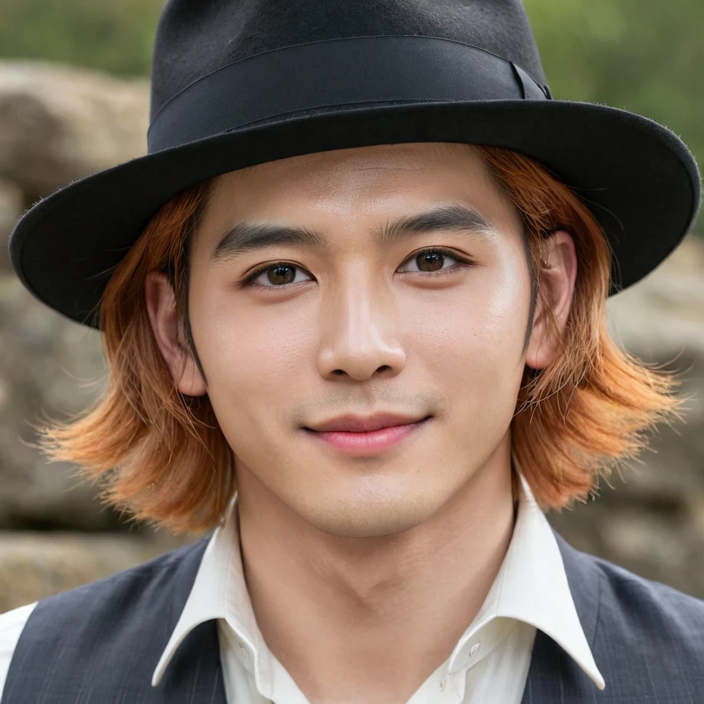 1boy, solo, (masterpiece, ultra quality, high resolution, 8k, intricate: 1.2), (detailed face:1.2), handsome, Young Korean man ,white skin, double eyelids , detailed skin, 1boy, ((realistic)), male focus, ((realistic)), ((pale skin)), , hunk, handsome,1boy, orange hair,nakahara chuuya,long hair,hat, grey eyes, choker, deep eyes,vest, looking at viewer, smile, fedora, jacket on shoulders, (masterpiece), (best quality:1),