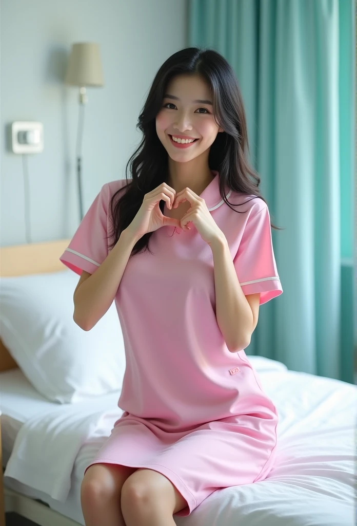 photorealistic, photograph, full body shot, sitting on edge of hospital bed, smiling beautiful Japanese female nurse wearing pink nurse dress making cheek_heart, slim hourglass figure, narrow waist, medium breasts, beautiful detailed face, black hair, pale skin, fair skin, realistic skin, detailed cloth texture, detailed hair texture, Perfect proportion, Anatomically correct, Highly detailed face and skin texture, private modern hospital room, looking at viewer, asian face , perfect anatomy, realistic