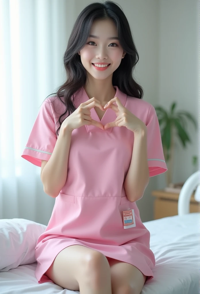 photorealistic, photograph, full body shot, sitting on edge of hospital bed, smiling beautiful Japanese female nurse wearing pink nurse dress making cheek_heart, slim hourglass figure, narrow waist, medium breasts, beautiful detailed face, black hair, pale skin, fair skin, realistic skin, detailed cloth texture, detailed hair texture, Perfect proportion, Anatomically correct, Highly detailed face and skin texture, private modern hospital room, looking at viewer, asian face , perfect anatomy, realistic