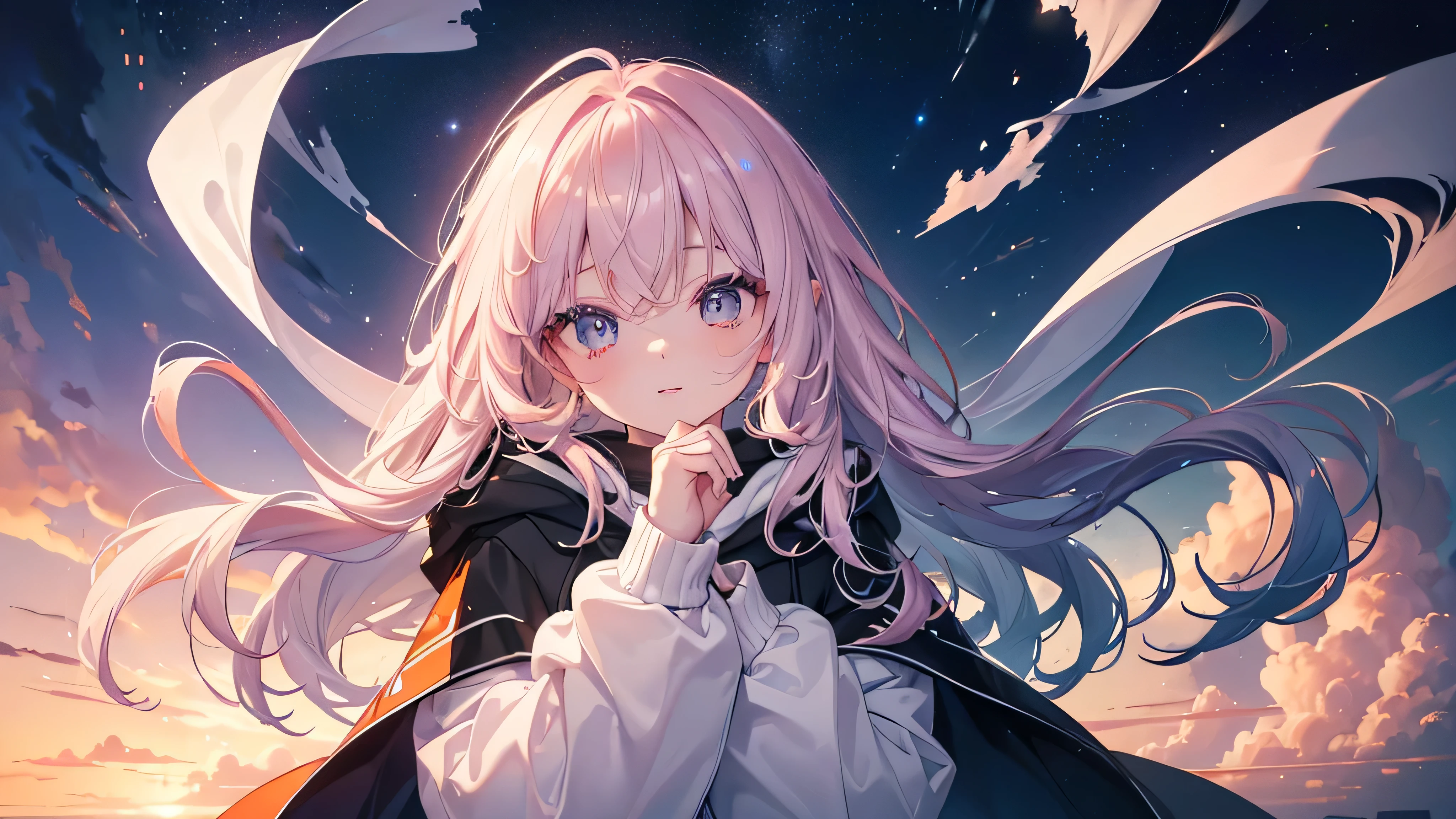 (((Highest quality、masterpiece、Ultra-fine、Ultra-fine、Exquisite、Oversized hoodie,16k,cute,Delicate eyes,Delicate hands,Full HD,))), (Oversized hoodie,The best smile,),((One person,cute,Long eyelashes、White skin、)), (Pale pink lips、Pale pink cheeks、Thin and long)、(One person) 、(White and ash clouds change shape and turn orange at dusk)