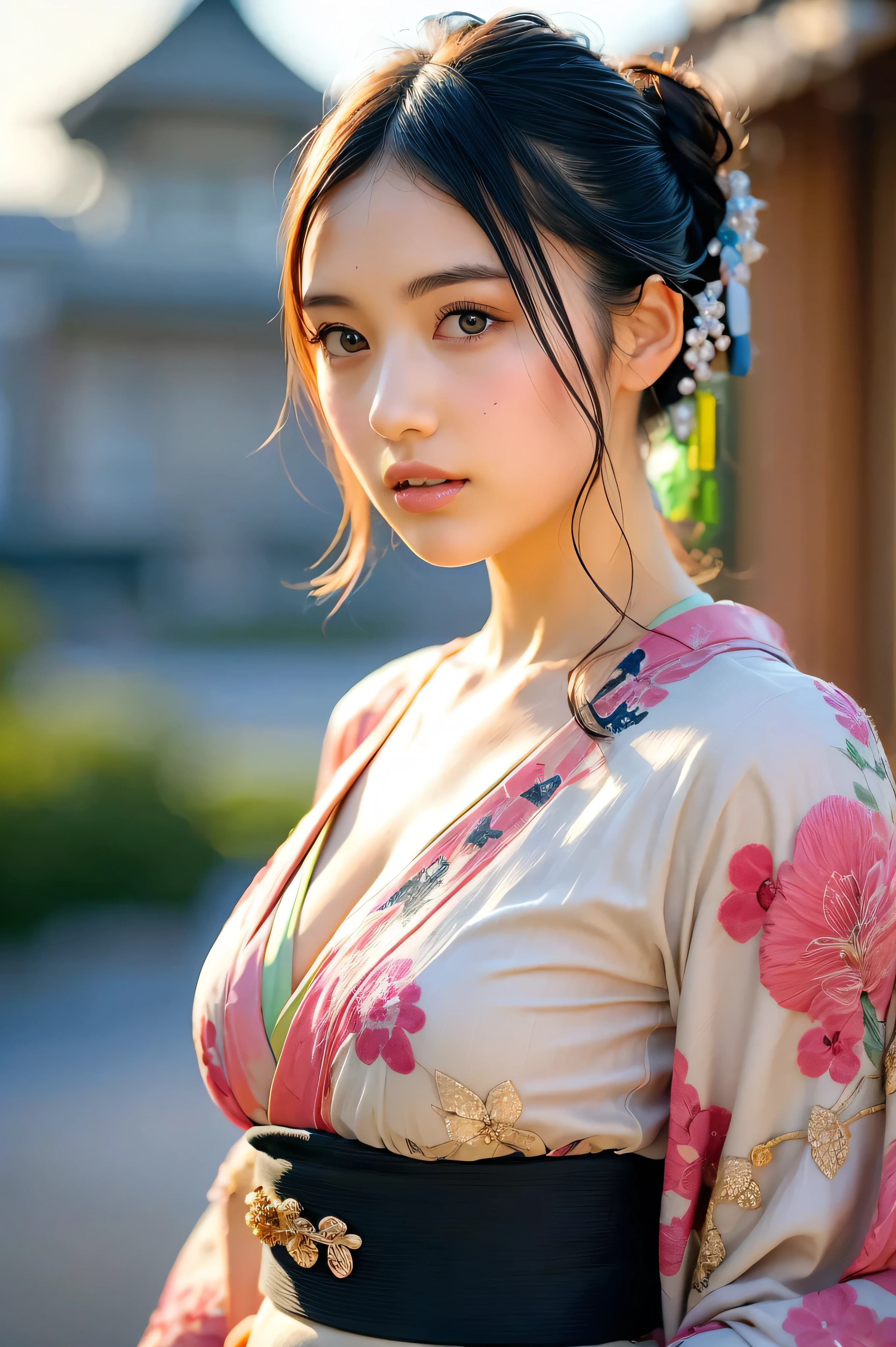 (masutepiece:1.Photoreal Stick:1.4, 8K), top-quality, masterpiece, 超A high resolution, Professional camera work, Grow Light Effect, Realistic portrait, Cinematic Light, Highly detailed skin and facial texture:1.3, The ultra-detailliert, A detailed eye, Detailed limbs, Perfect dynamic composition, (Japanese-style room overlooking the Japanese garden:1.2, formal hanging scroll, Light of the Rising Sun), 1girl in, 25-years old, cute sexy japanese slim woman, Fair skin, (Enraptured look:0.9, Totally captivates you:1.0), (Silver kimono:1.32 off shoulder), (voluptuous breasts:0.9), (Backshots, Calm pose), (Beautiful blue eyes, Eyes that feel beautiful eros:0.85), Sexy face:0.4, (A mouthfeel that feels beautiful eros:0.85), ((Too cute beauty:0.9))