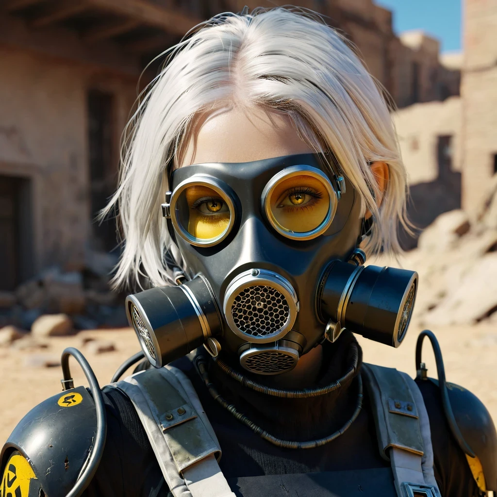 (masterpiece:1.2,high quality), 1girl, ((ultra realistic details)), global illumination, shadows, Unreal Engine, octane render, 8k, ultra sharp, metal, intricate, ornaments detailed, highly intricate details, yellow eyes, (mechanical body:1.2), white hair, (black gas mask), Gear, bob cut, hundreds of wires, Terran, (Robot, android:1.15), Apocalypse, broken buildings