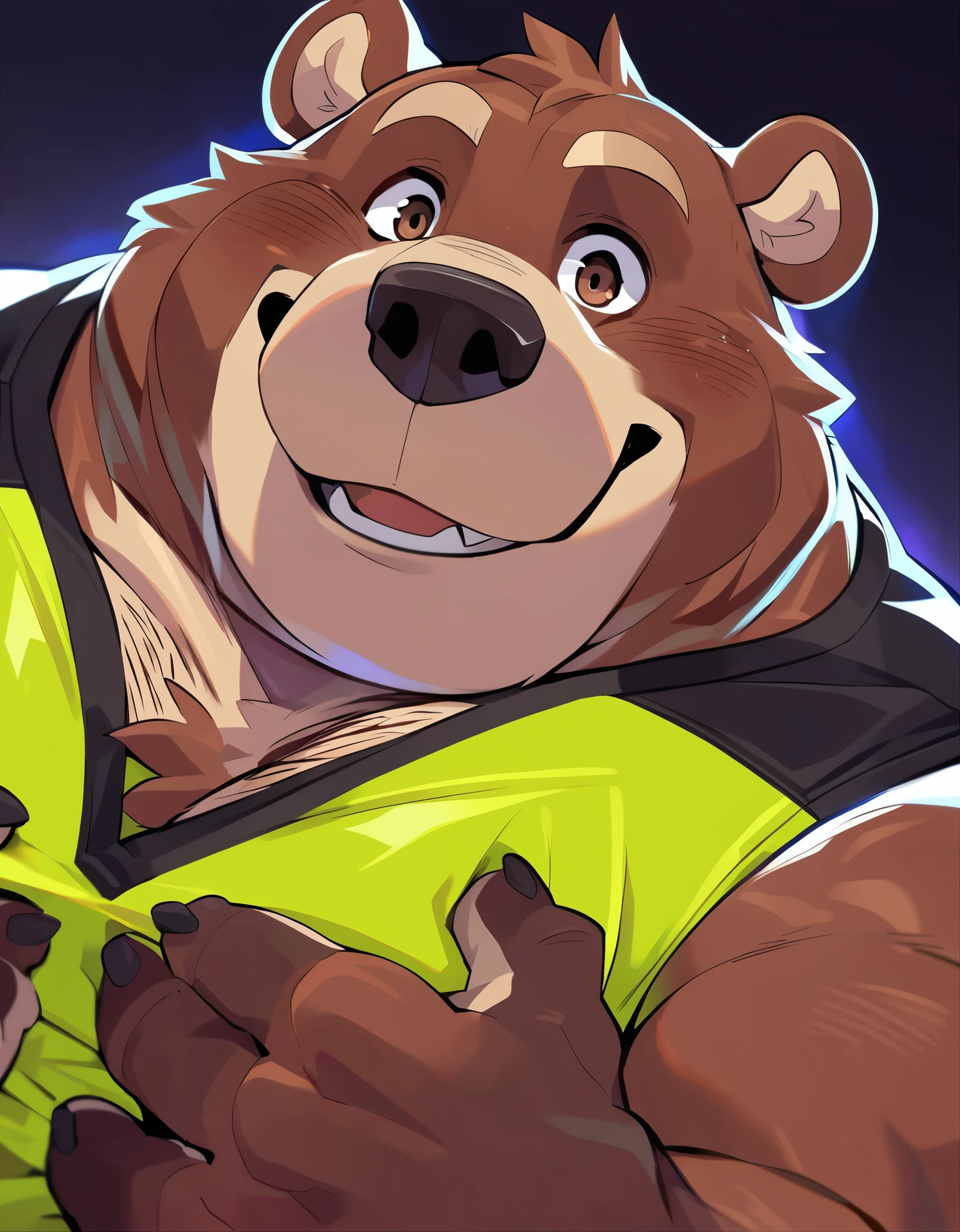 Close-Up Portrait: Excited obese Grizzly Bear flatbed-Driver; showing off his chartreuse safety shirt/uniform and charming smile;  grand stature; Gray/Brown fur,, sparkling dark-brown Eyes, large smoothed muscles, Detailed body fur, burly huge stature; masterpiece, Anime Style, Two-tone body fur, brown body hair, clear blond body hair; hard bulky; Detailed face, Thin eyebrows, Fine grain, thick jaw, Detailed body, neon ultraviolet darkness, Detailed hands, Shining Body, Shiny body, Motion Blur, Dynamic Angle, looking at viewer, close-up OP-POV looking up; by FTGBear;