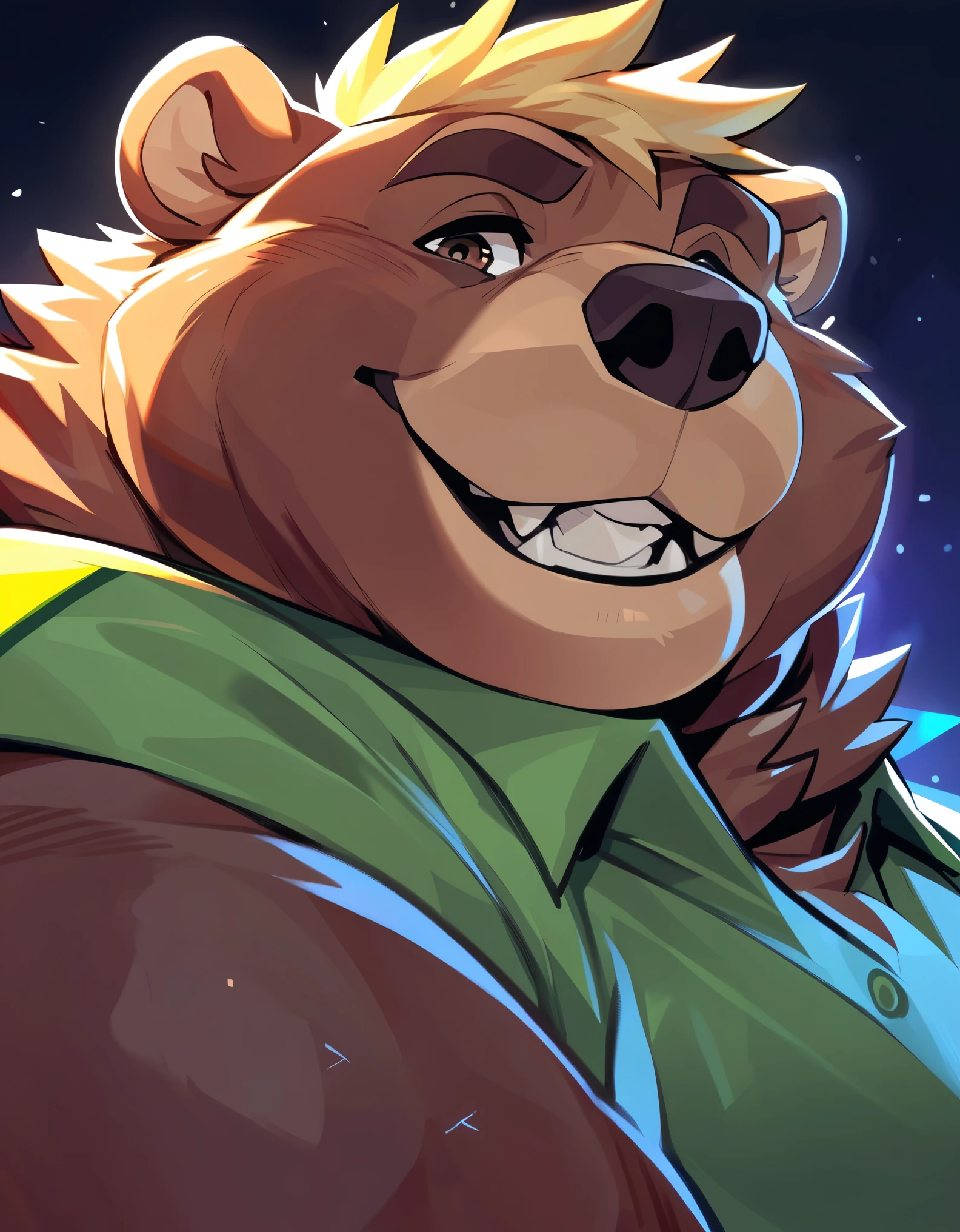 Close-Up Portrait: Excited obese Grizzly Bear flatbed-Driver; showing off his chartreuse safety shirt/uniform and charming smile;  grand stature; Gray/Brown fur,, sparkling dark-brown Eyes, large smoothed muscles, Detailed body fur, burly huge stature; masterpiece, Anime Style, Two-tone body fur, brown body hair, clear blond body hair; hard bulky; Detailed face, Thin eyebrows, Fine grain, thick jaw, Detailed body, neon ultraviolet darkness, Detailed hands, Shining Body, Shiny body, Motion Blur, Dynamic Angle, looking at viewer, close-up OP-POV looking up; by FTGBear;