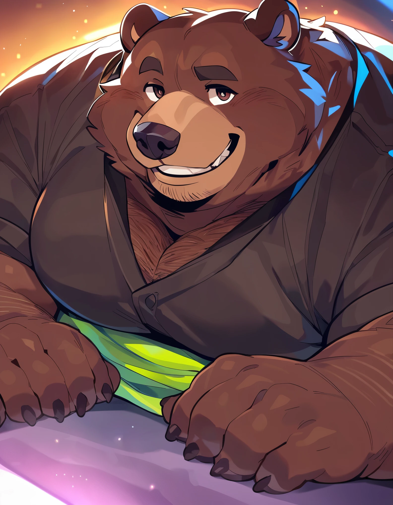 Close-Up Portrait: Excited obese Grizzly Bear flatbed-Driver; showing off his chartreuse safety shirt/uniform and charming smile;  grand stature; Gray/Brown fur,, sparkling dark-brown Eyes, large smoothed muscles, Detailed body fur, burly huge stature; masterpiece, Anime Style, Two-tone body fur, brown body hair, clear blond body hair; hard bulky; Detailed face, Thin eyebrows, Fine grain, thick jaw, Detailed body, neon ultraviolet darkness, Detailed hands, Shining Body, Shiny body, Motion Blur, Dynamic Angle, looking at viewer, close-up OP-POV looking up; by FTGBear;