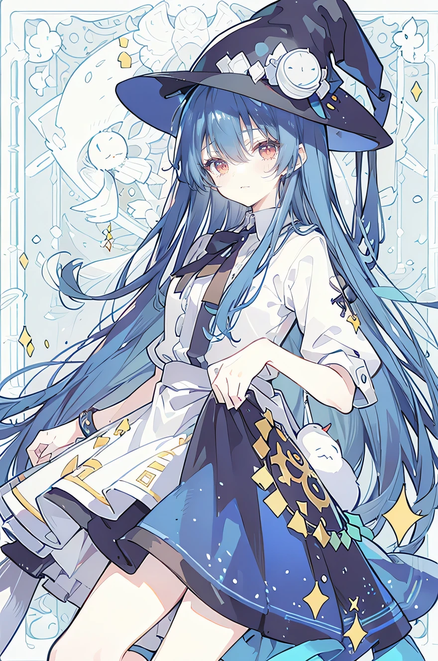 oung Girls,Humanity,A magician always smiles,big witch hat,cute,dark blue long hair,The eyes are dull,The bangs are heavy,Thin eyebrows,fantasy,intake,Double teeth,Star Theme,Constellation pattern,Solid color clothetal decoration,cloak,A bit of a dark atmosphere,A little crazy smile,When the big moon shines outside at night,blood,Hair black star embellishment,Short tie,No nails,High waist skirt,Bell sleeves,Long-sleeved shirt,Black tie,low risk,gentlemen。crap、Yellow and white effect,Shocking pink as an accent color,Night, Meniscus, two hands, two feet,Close-up of upper body。