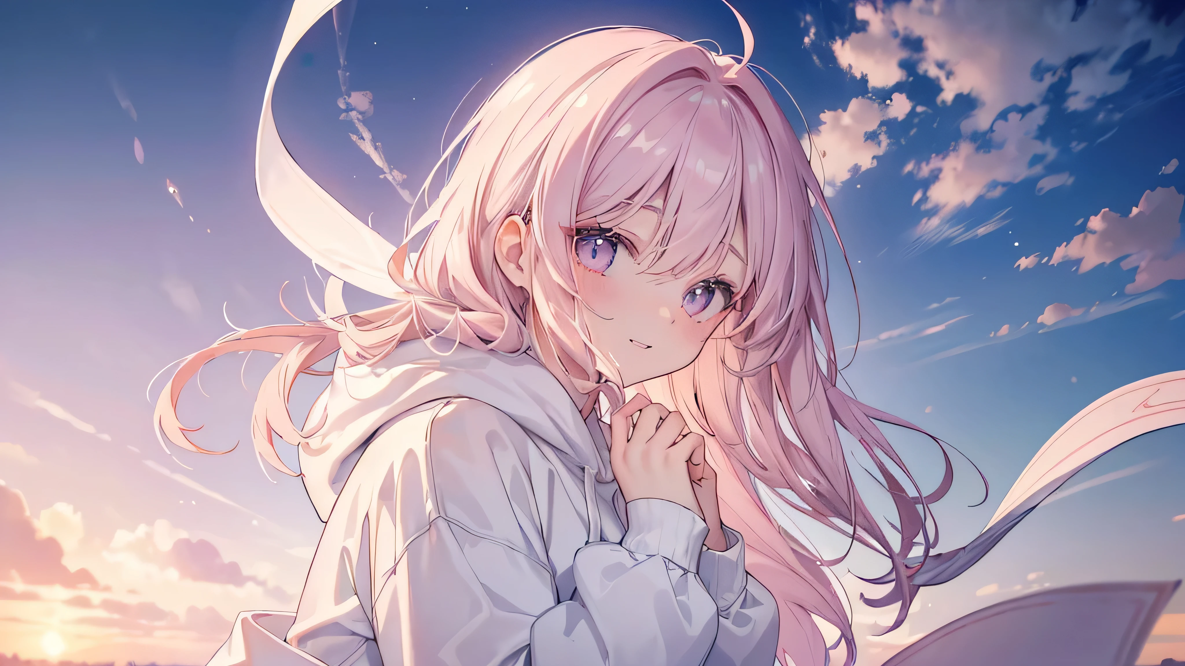 (((Highest quality、masterpiece、Ultra-fine、Ultra-fine、Exquisite、Oversized hoodie,16k,cute,Delicate eyes,Delicate hands,Full HD,))), (Look up,profile,Oversized hoodie,The best smile,),((One person,cute,Long eyelashes、White skin、)), (Pale pink lips、Pale pink cheeks、Thin and long)、(One person) 、(The white and ash clouds change shape and turn orange at dusk.)